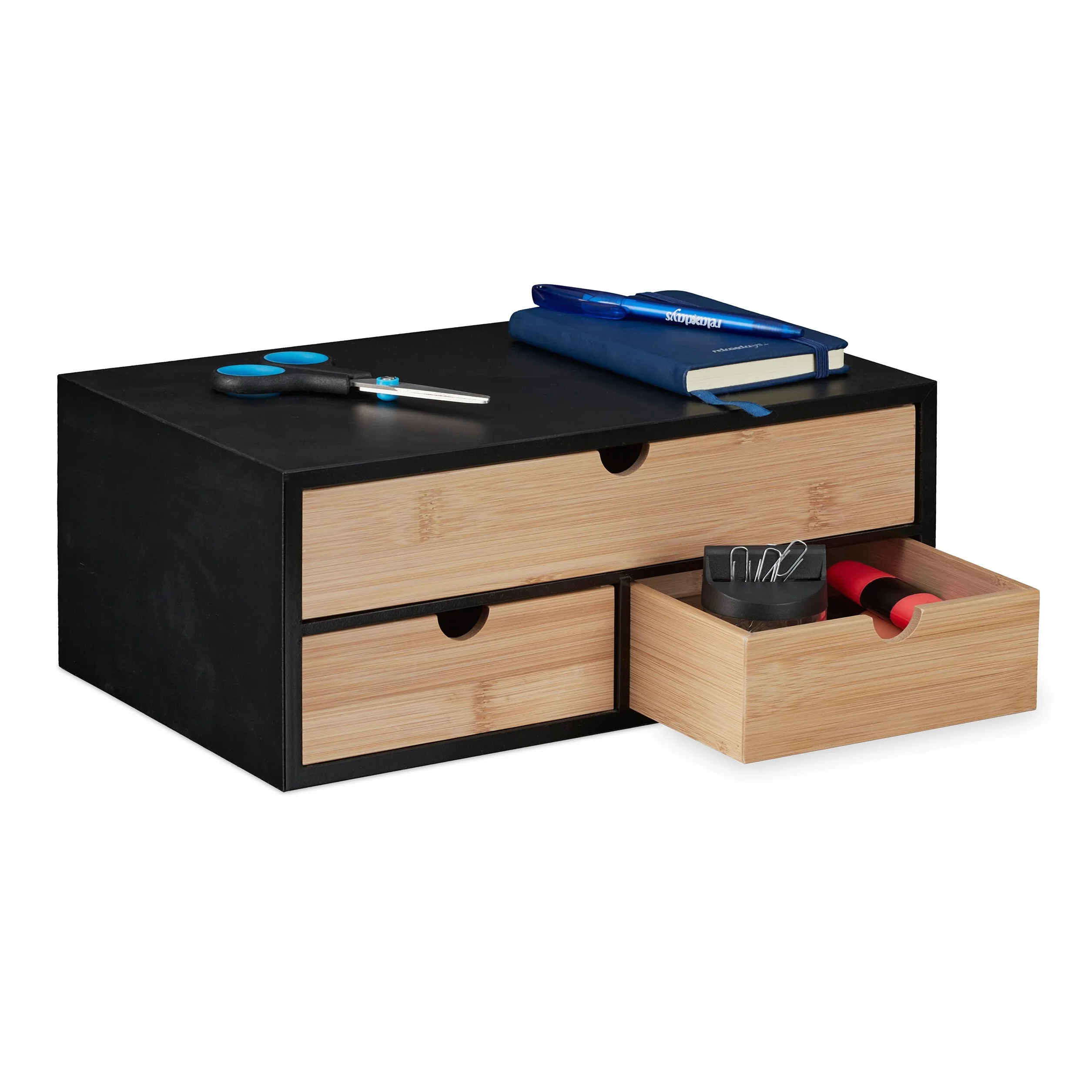 Relaxdays Organizer na biurko, 3 szuflady, bambus i MDF, organizer na biurko, wys. x gł.: 13,5 x 33 x 21 cm, naturalny/czarny