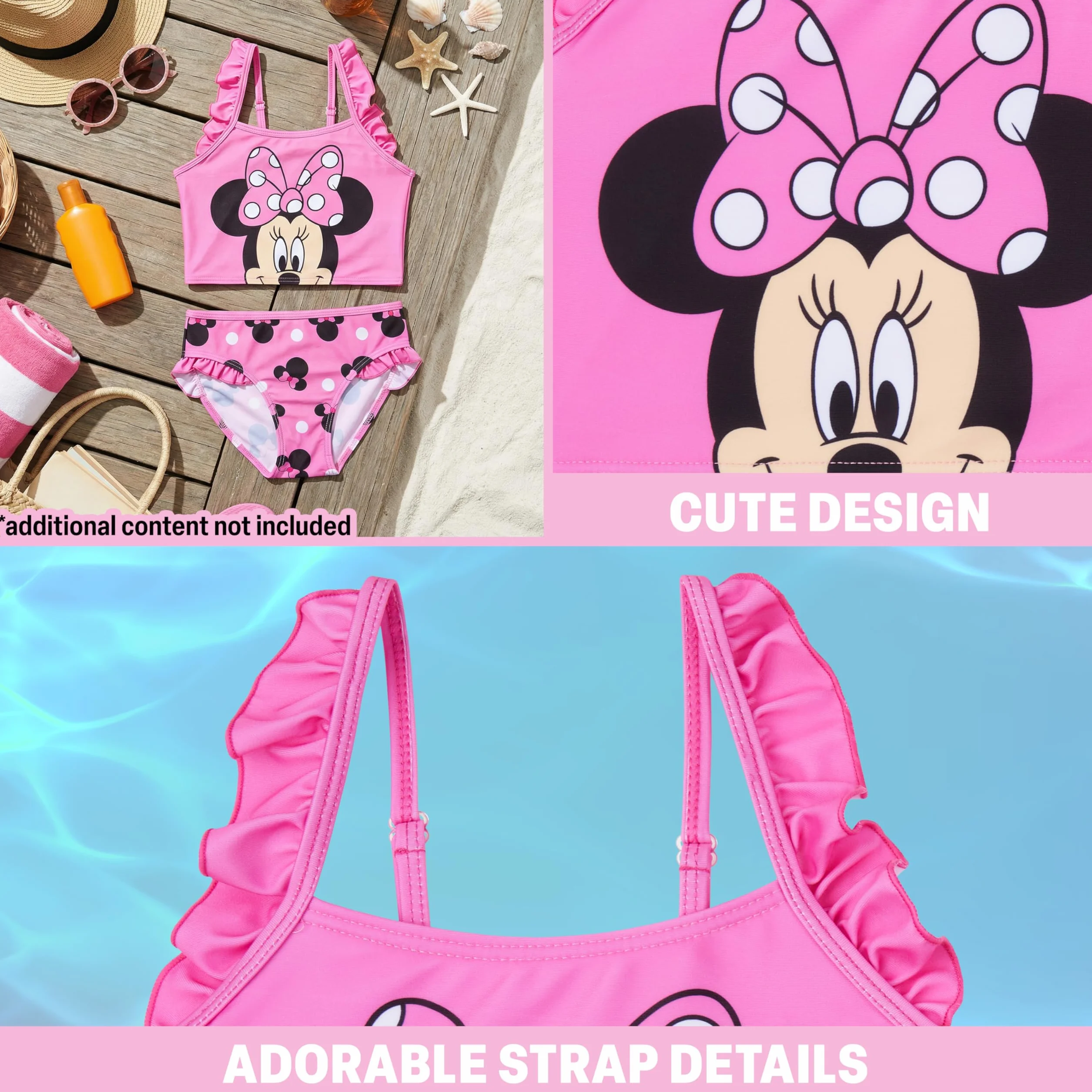 Disney Stitch | Dziewczęce bikini Myszka Minnie Dwuczęściowy Zestaw Kąpielowy, Regulowany Strój Kąpielowy Z Paskami, Stroje Kąpielowe Tankini