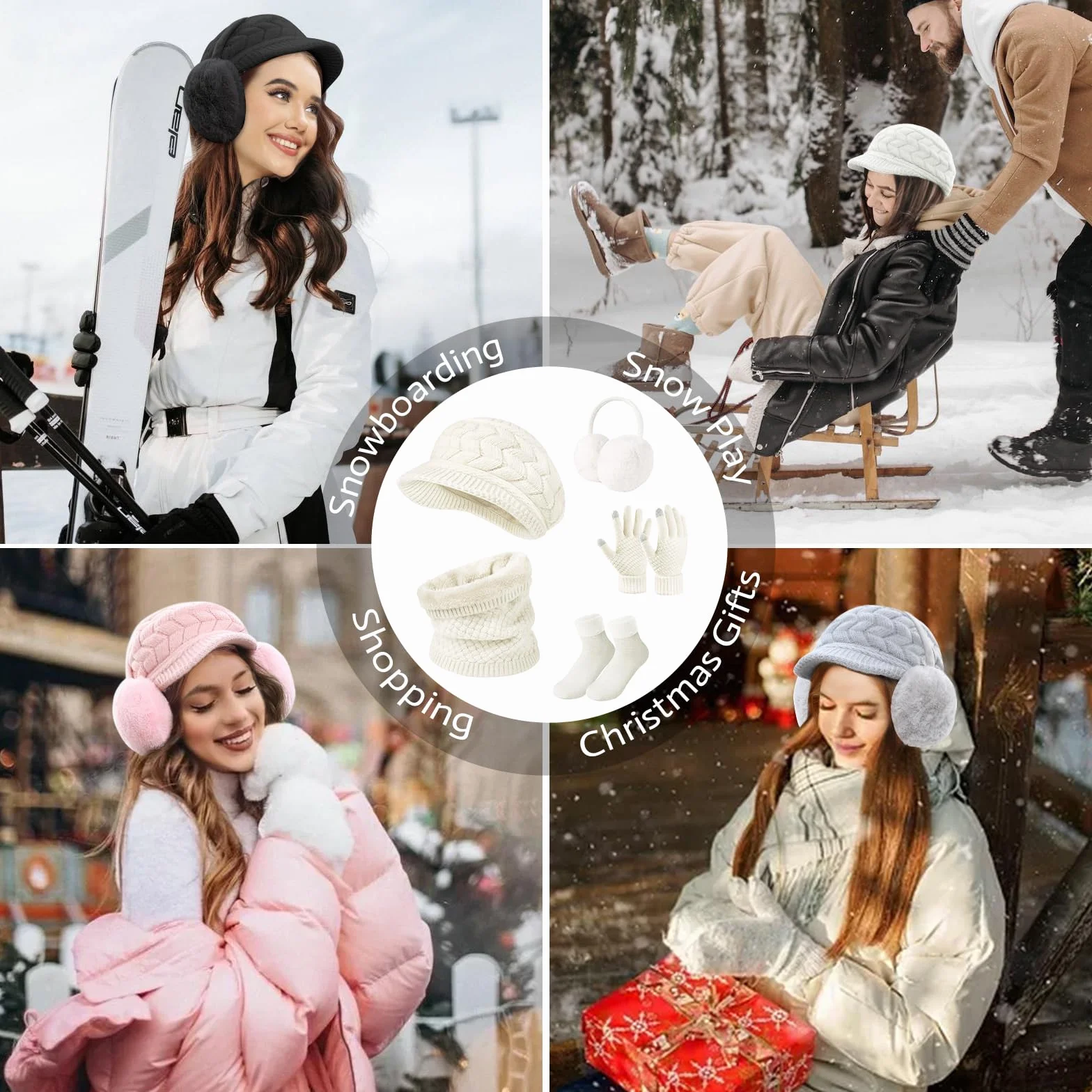 Niwicee Czapka, szalik, rękawiczki damskie, zestaw zimowy, grube skarpety damskie, pluszowe nauszniki, zestaw kombi, czapka z dzianiny, szalik, ocieplacze polarowe, rękawiczki z podszewką, prezent na