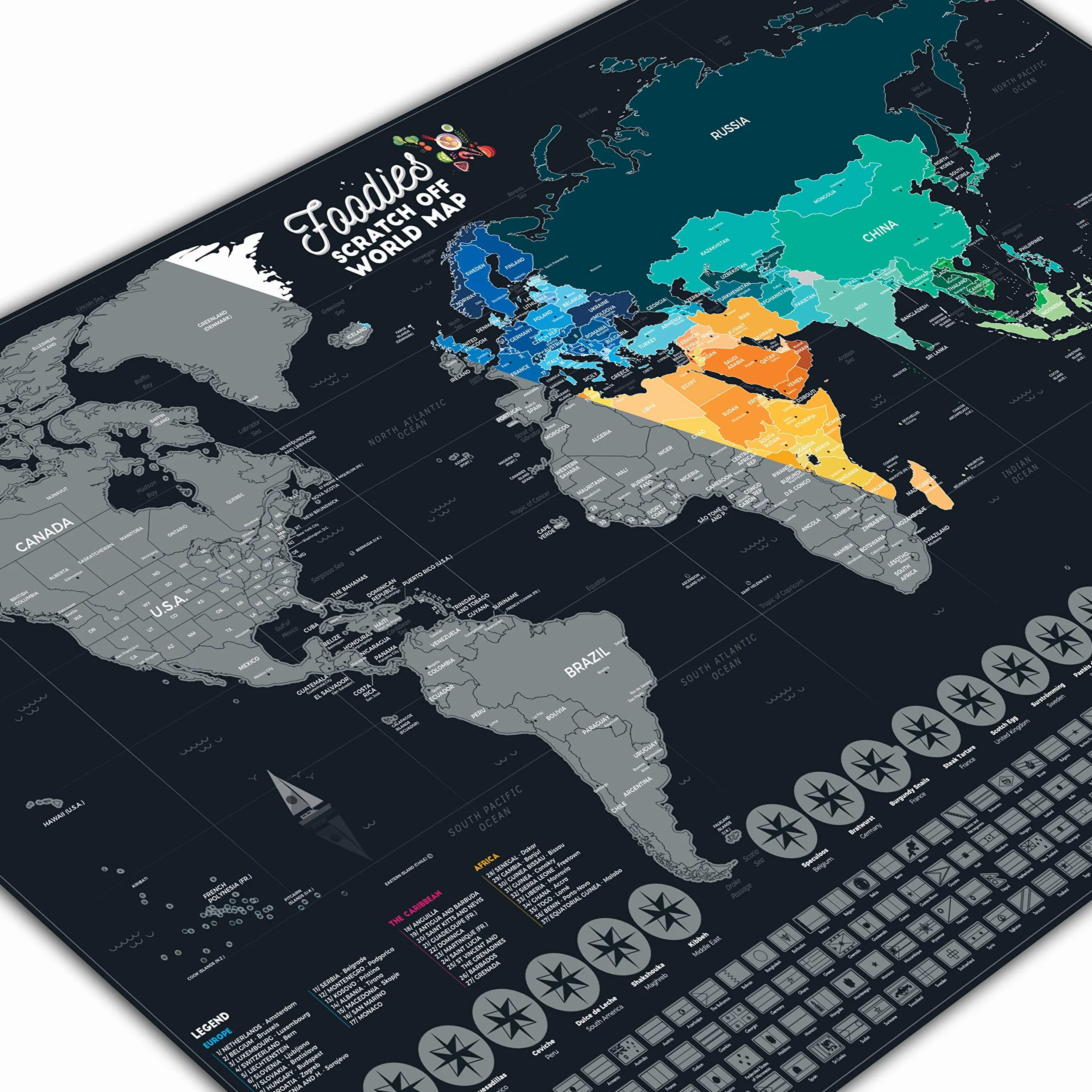 Bonanzana - Mapa świata do zdrapywania XXL - 70 x 42 cm - z 25 produktami spożywczymi i 197 flagami - mapa świata Foodies ze skrobakiem - Scratch off World Map - prezent