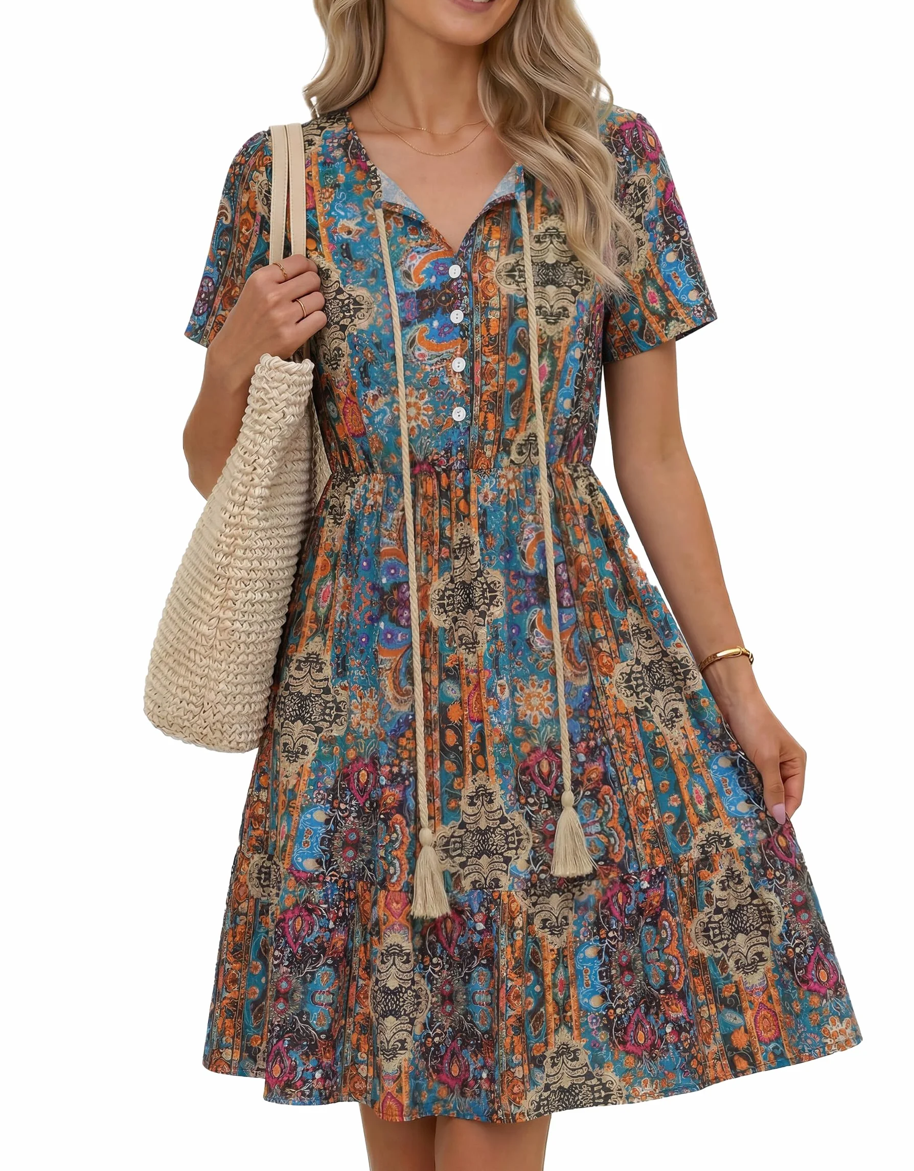 Zeagoo Letnia sukienka damska w stylu boho, sukienka plażowa, dekolt w serek, krótki rękaw, sukienka o linii A, lekka i przewiewna, do kolan, sukienka tunikowa, elegancka sukienka w stylu vintage