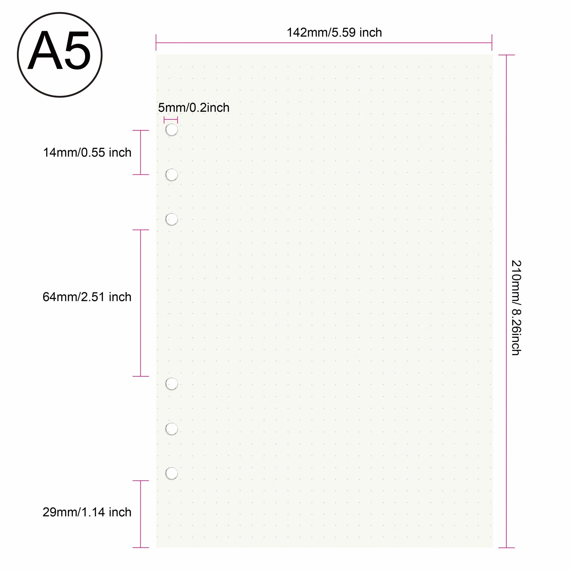 135 Arkuszy Planner Wkłady z Kropkami Papier A5 6 Otworów Spoiwo Siatka Notatnik do Dziennika Filofax Bullet Journals (8,26x5,59 cala)