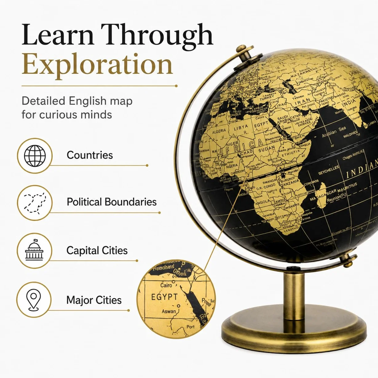 EXERZ 14cm Globus Czarny i Złoty, Mini qorld Globus Edukacyjny Geograficzny - Brązowy Łuk i Podstawa