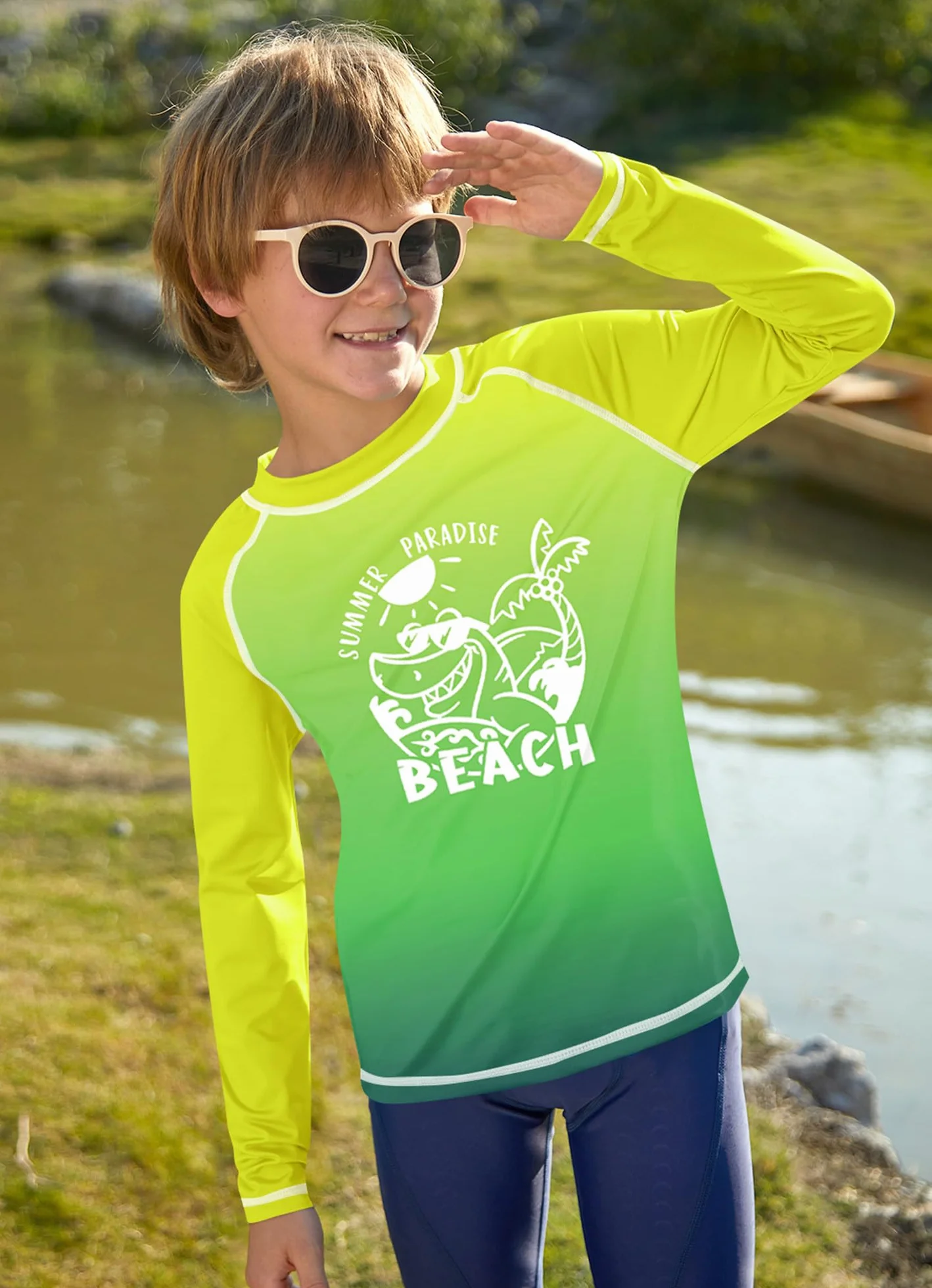 BesserBay Dziecięcy kostium kąpielowy z długim rękawem Rashguard szybkoschnący UV koszulka kąpielowa dla chłopców 110-160, Plaża żółto-zielona, 130