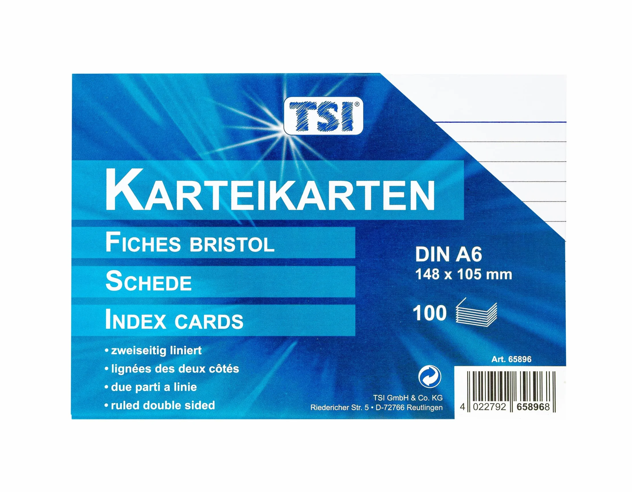 TSI 65896 kolorowe fiszki, opakowanie 100 sztuk, w linie, DIN A6
