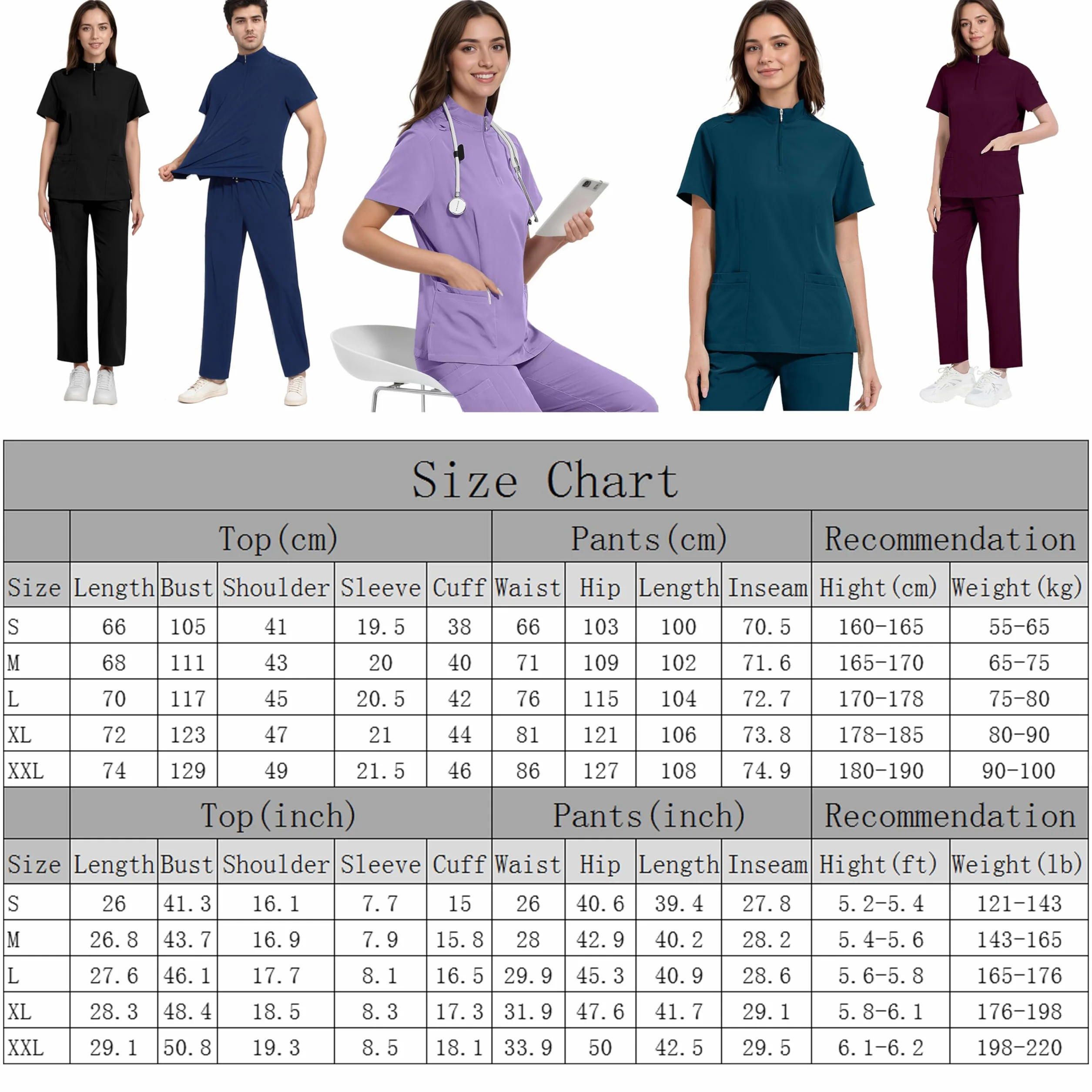 ThreeH Scrub Tops zestaw spodni dla mężczyzn i kobiet, medyczne mundury opieki zdrowotnej, stójka, top z krótkim rękawem i paskiem, spodnie joggery z wieloma kieszeniami