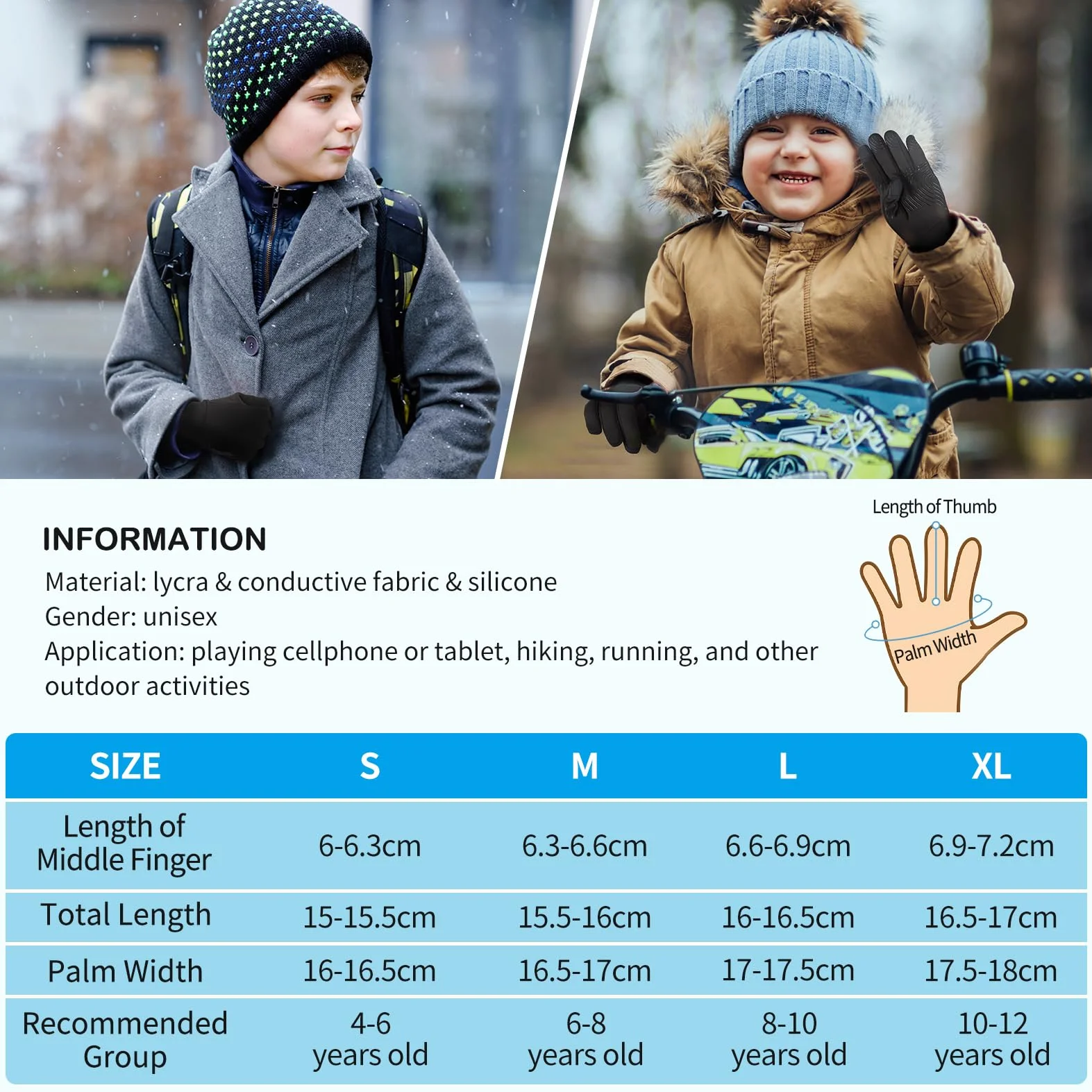 Rękawiczki rowerowe dla dzieci, do obsługi ekranów dotykowych, zimowe, sportowe, dla dzieci, chłopców, ciepłe, wiatroszczelne, do jazdy na świeżym powietrzu, 4-12 lat