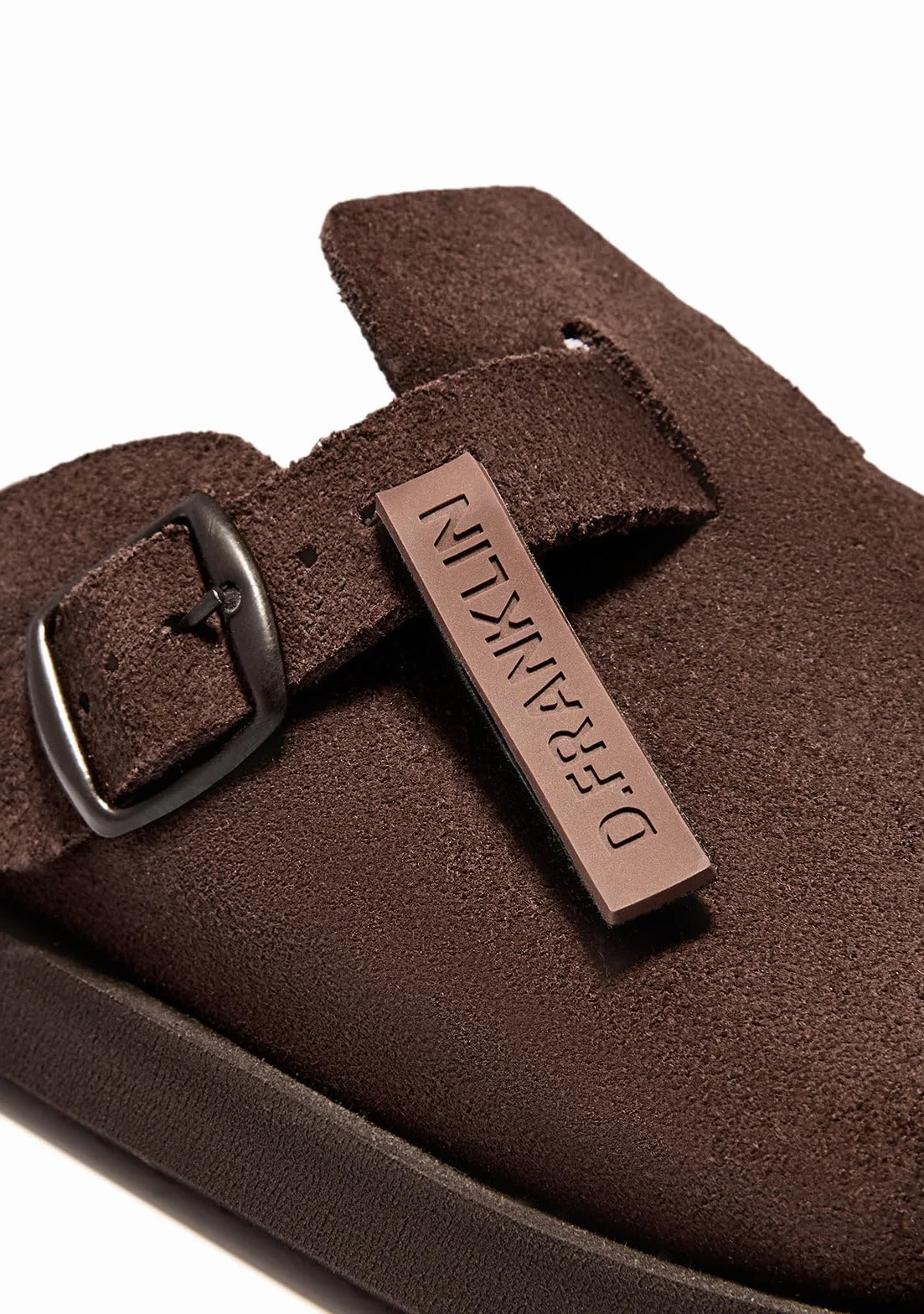 D. Franklin Drewniaki unisex z klamrą w kolorze czekoladowego brązu Vibe Clog - Wygodne, płaskie sportowe sandały na lato - Rozmiar (44)