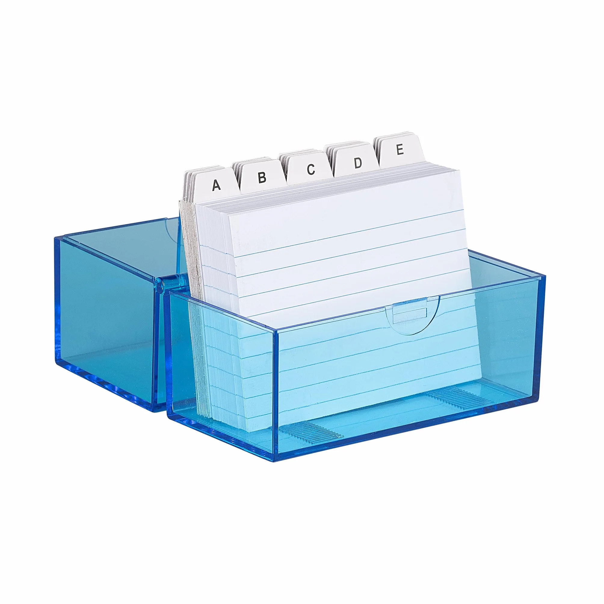 Wedo 2507303 Pudełko na fiszki DIN A7/300 poprzeczne, przezroczyste, niebieskie, łącznie z 100 fiszek (białe, w linie) i zakładkami