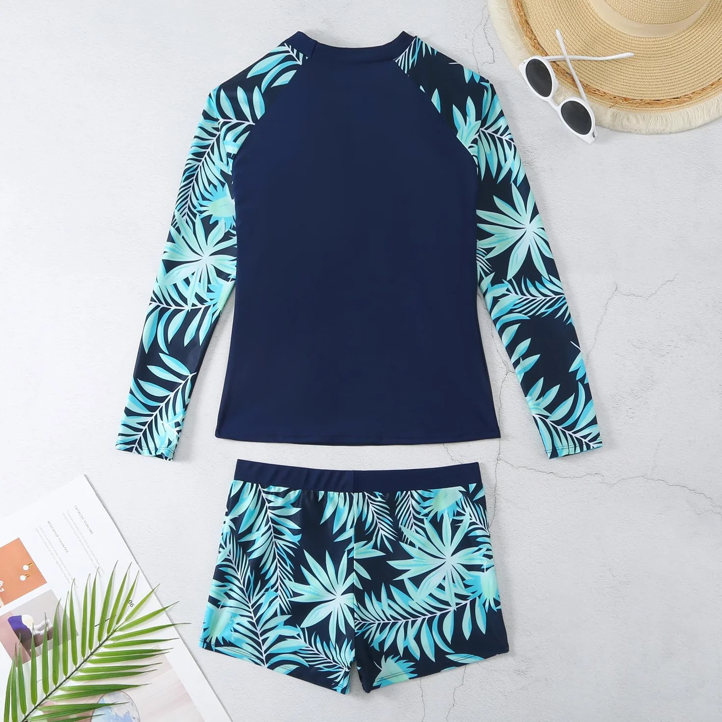 Owntop Kobiety Rash Guard | Stroje kąpielowe z długim rękawem dwuczęściowe z wysokim stanem Boyshort Bottom | Koszulka do pływania chroniąca przed słońcem