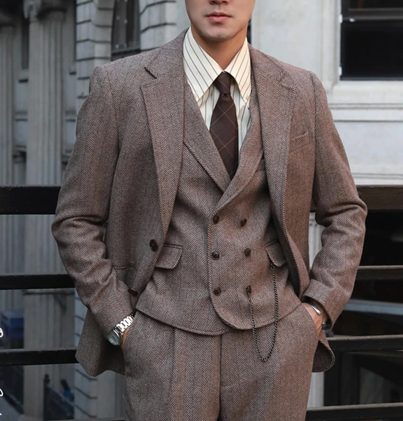 Tuikayoo Męski garnitur formalny tweed wełna w jodełkę, 3 sztuki, na wesele, slim fit, strój na studniówkę, smokingi dla świadków