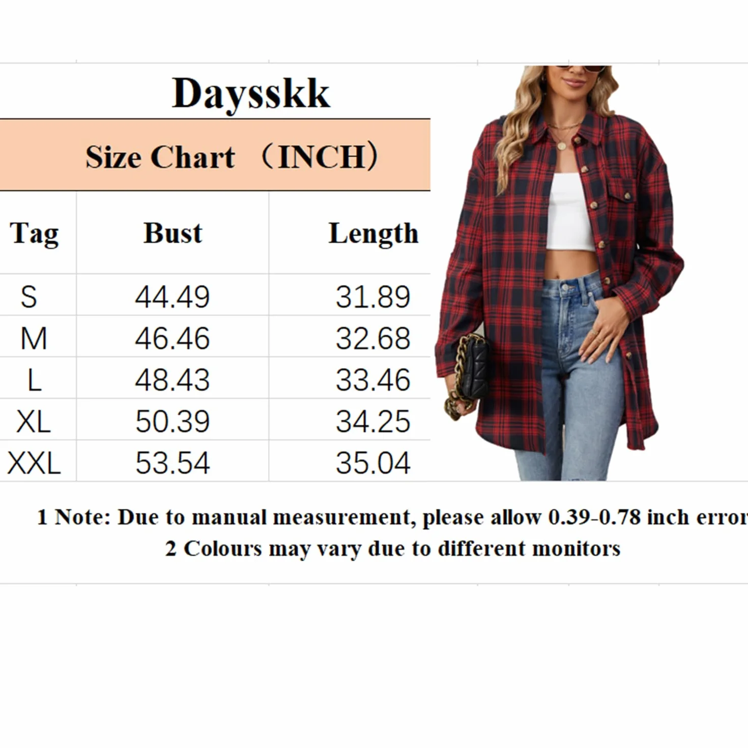 Daysskk Damskie koszule w kratę z długim rękawem oversize flanelowe długie koszule z kieszenią