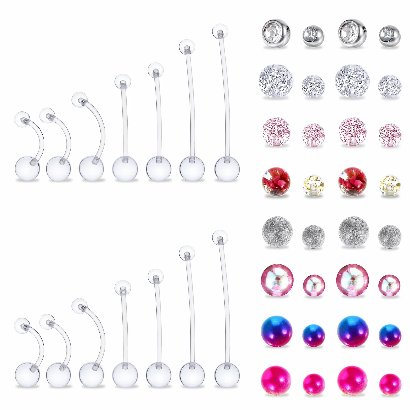 Lusofie Kolczyk do pępka dla kobiet w ciąży, 10-38 mm, z zamiennikiem do piercingu brzucha, kulki, tworzywo sztuczne PTFE, długi pręt do op, bioflex, długość pręcika