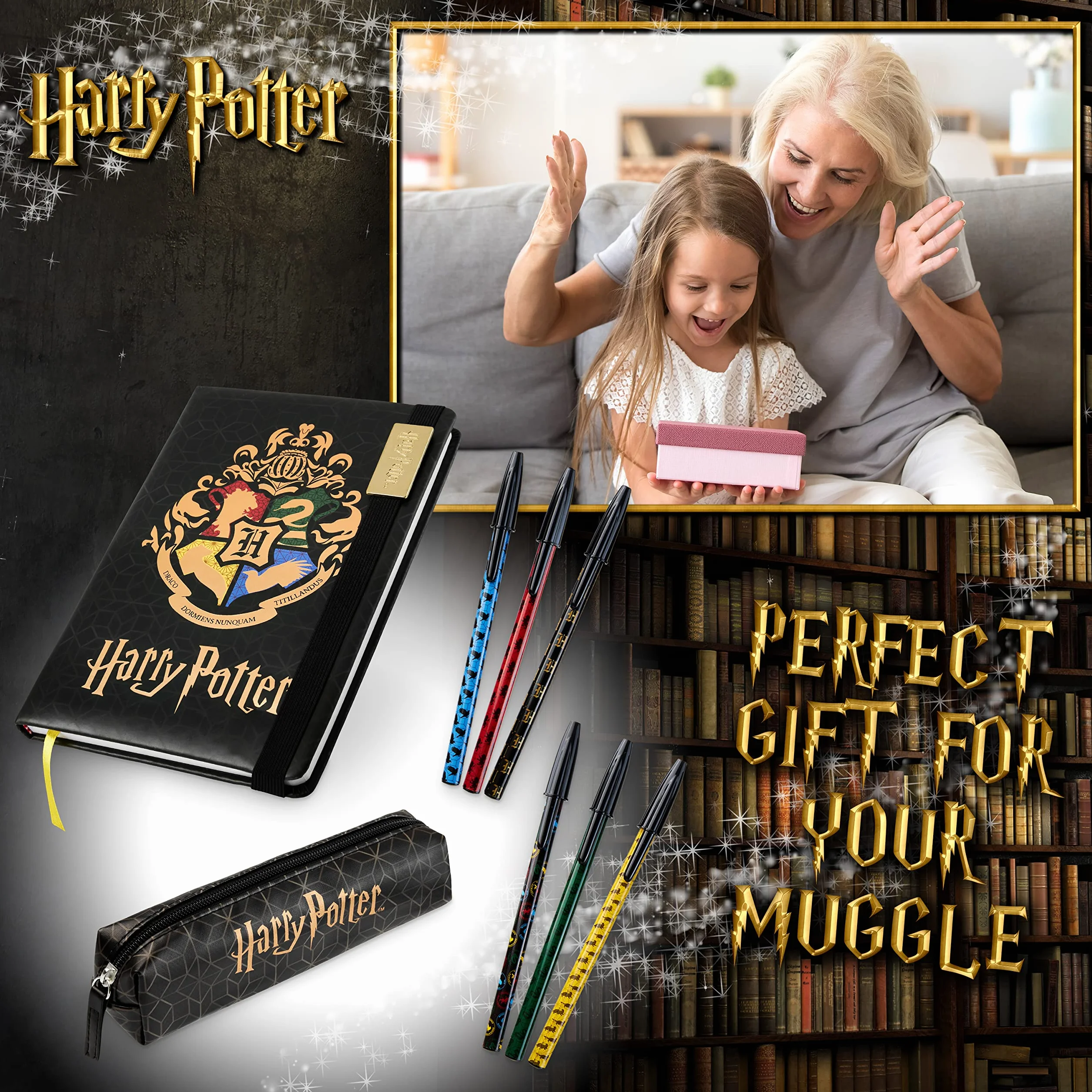 Harry Potter Notatnik A5 i Piórnik dla Dziewczynek i Chłopców z Długopisami, Przybory Szkolne dla Dzieci i Nastolatków (Czarny/Złoty)