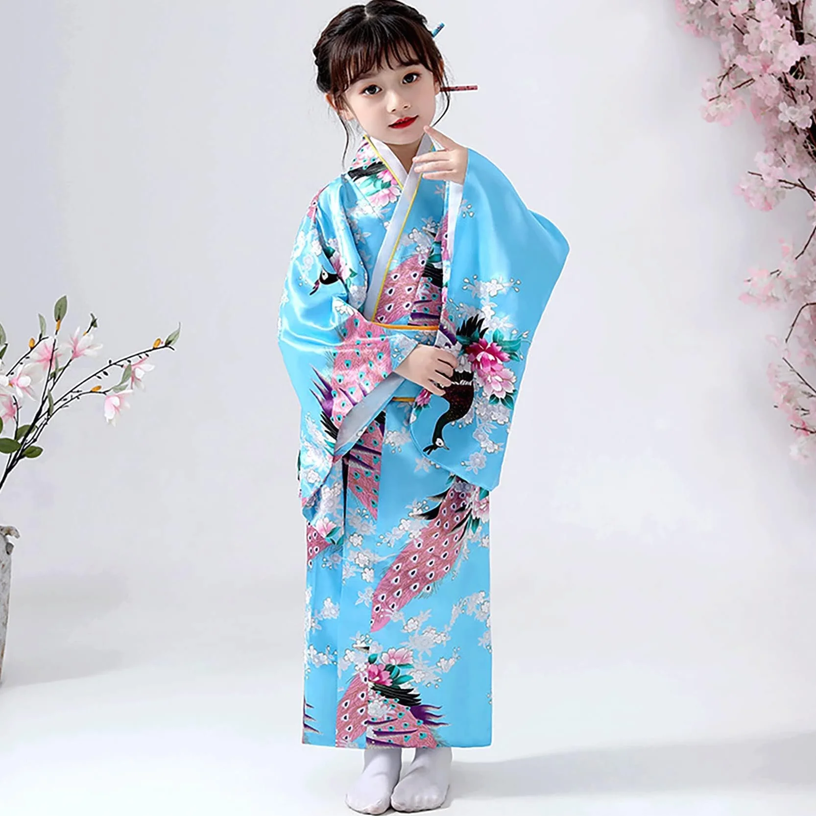 Dziecięce Yukata w Stylu Vintage Japońskim - Sukienka Kimono dla Dziewcząt, Dziecięca Tradycyjna Odzież z Jedwabnego Płótna, Sukienka na Ślub, na Imprezę, na Występ, NIEBIESKI, 140