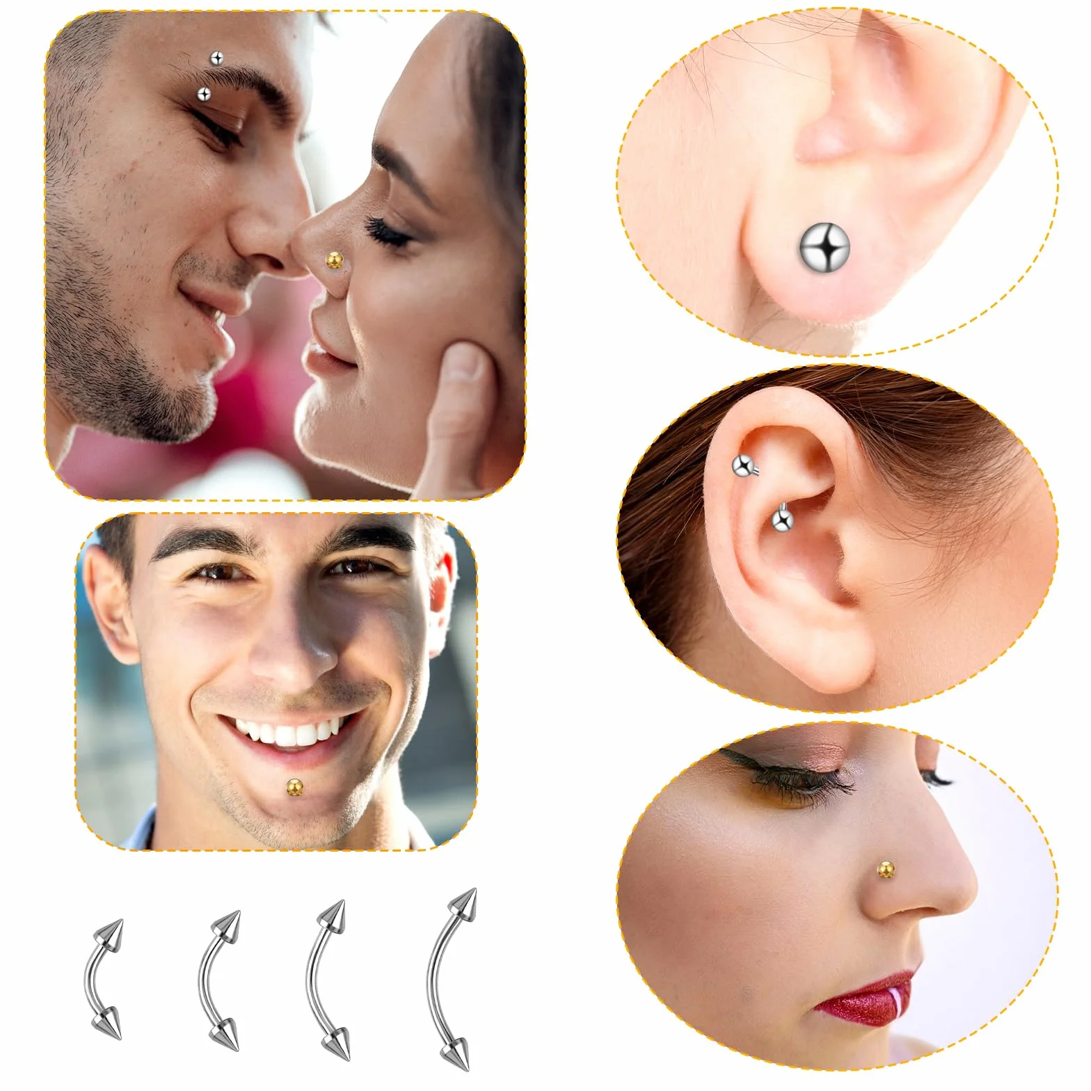 Yolev 16 sztuk biżuteria do piercingu brwi Stal szlachetna Kolczyki do nosa Kolczyki do warg Kolczyki do brwi Kolczyki bananowe Wygięty barbell do ozdabiania nosa, warg i brwi (6 mm/8 mm/10 mm/12 mm
