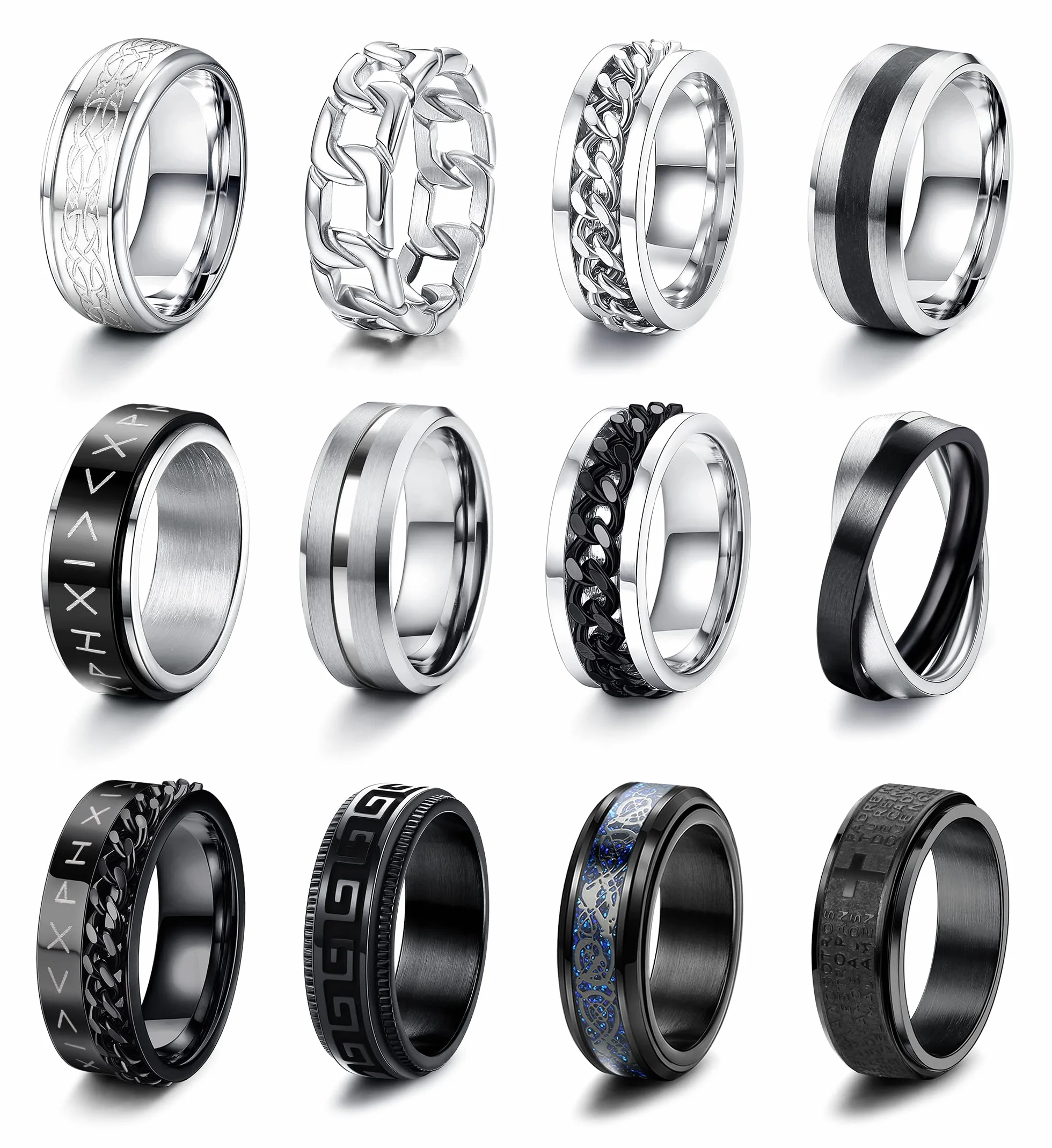 CASSIECA 12 szt. srebrnych czarnych pierścionków dla mężczyzn ze stali nierdzewnej Spinner Fidget pierścionki matowe wykończenie polerowane obrączki łańcuszek celtyckie butelki otwarte pierścionki