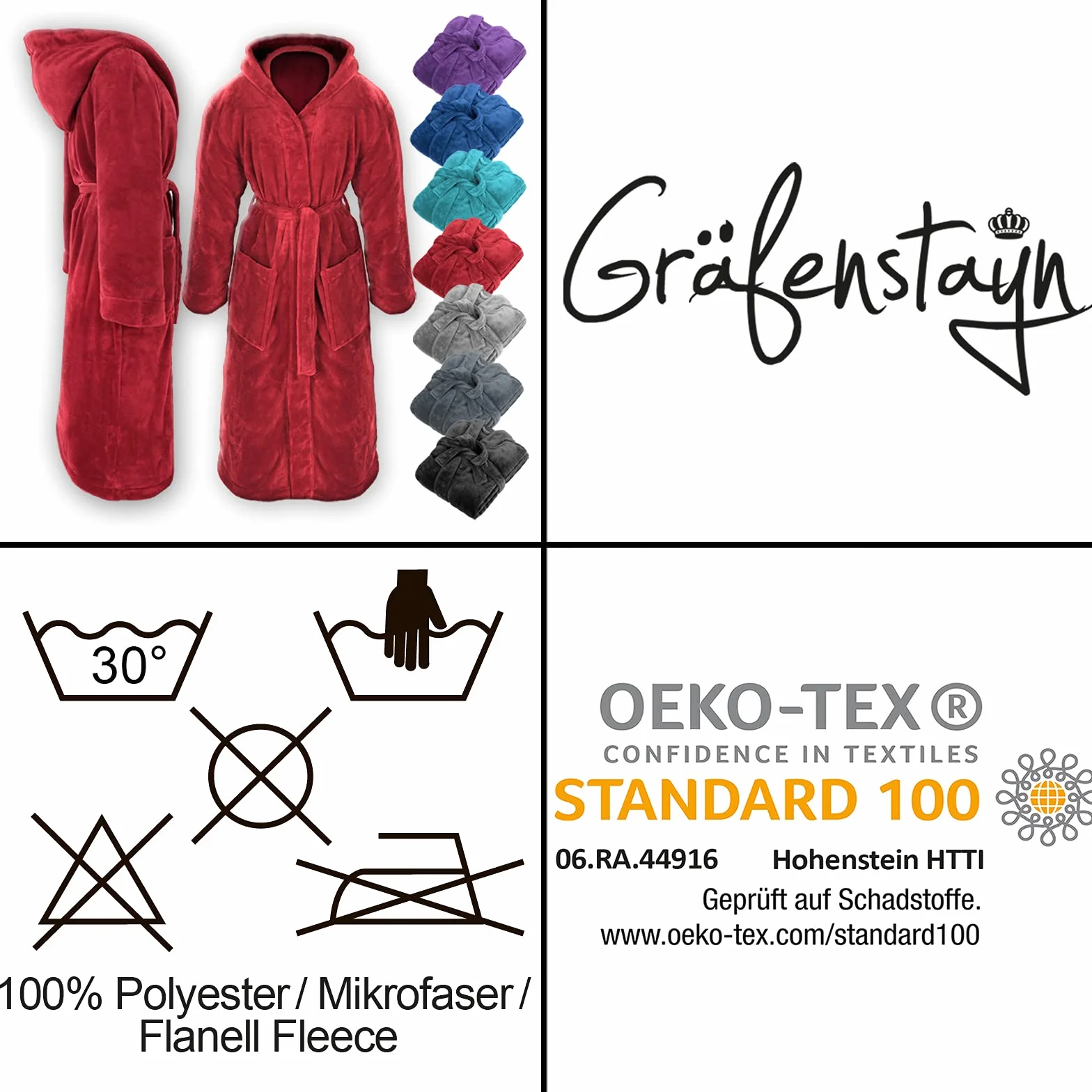 Gräfenstayn® Damski i męski szlafrok kąpielowy z kapturem, rozmiar S-XXXL Öko-Tex Standard 100, flanelowy polar