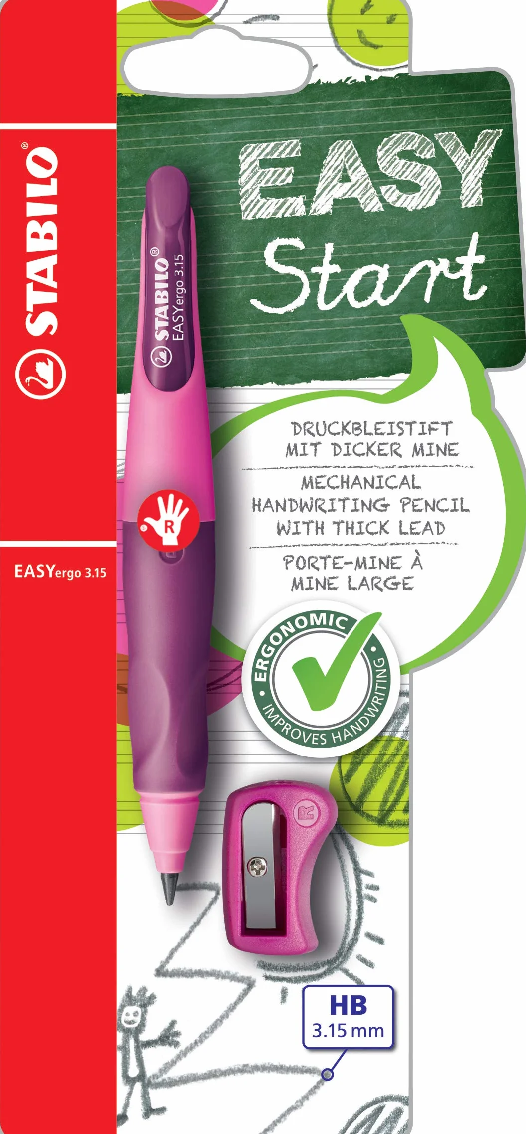 STABILO EASYergo 3.15 Ergonomiczne ołówki dla praworęcznych, różowo-fioletowe, z 1 grubą końcówką, twardością HB i temperówką i wkładem, twardość HB i temperówka + wkład