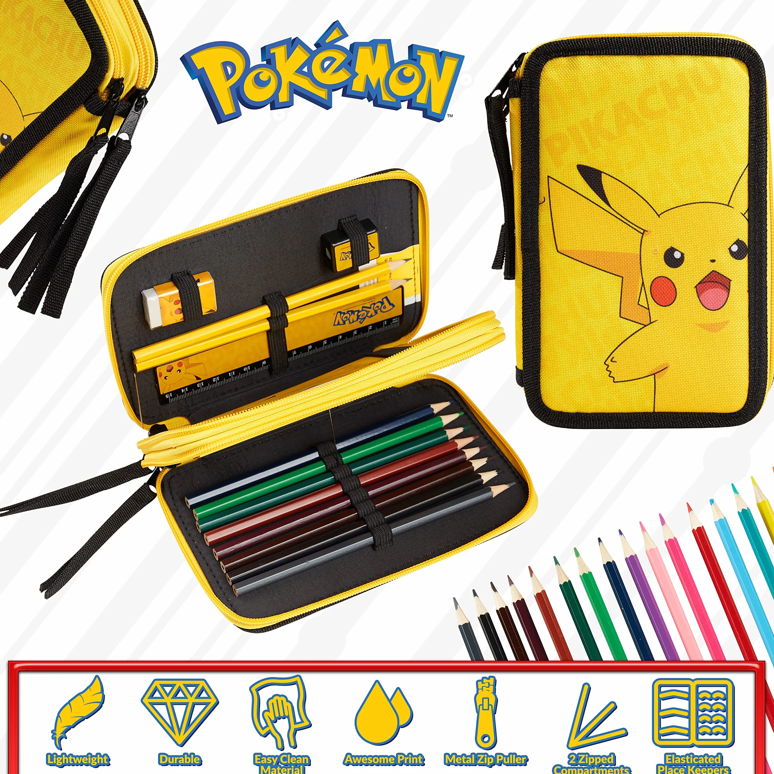 Pokémon Piórnik szkolny dla dzieci 2 przegródki i przybory szkolne Pikachu