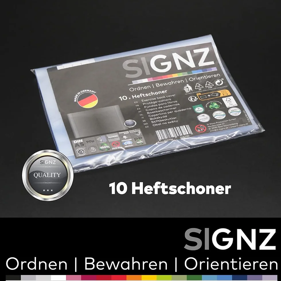 SIGNZ Ochraniacz na zeszyty DIN A5, 10 sztuk, pionowy, przezroczysty, mocny 90 my (0,09 mm), neutralny pod względem emisji CO2, wyprodukowany w Niemczech