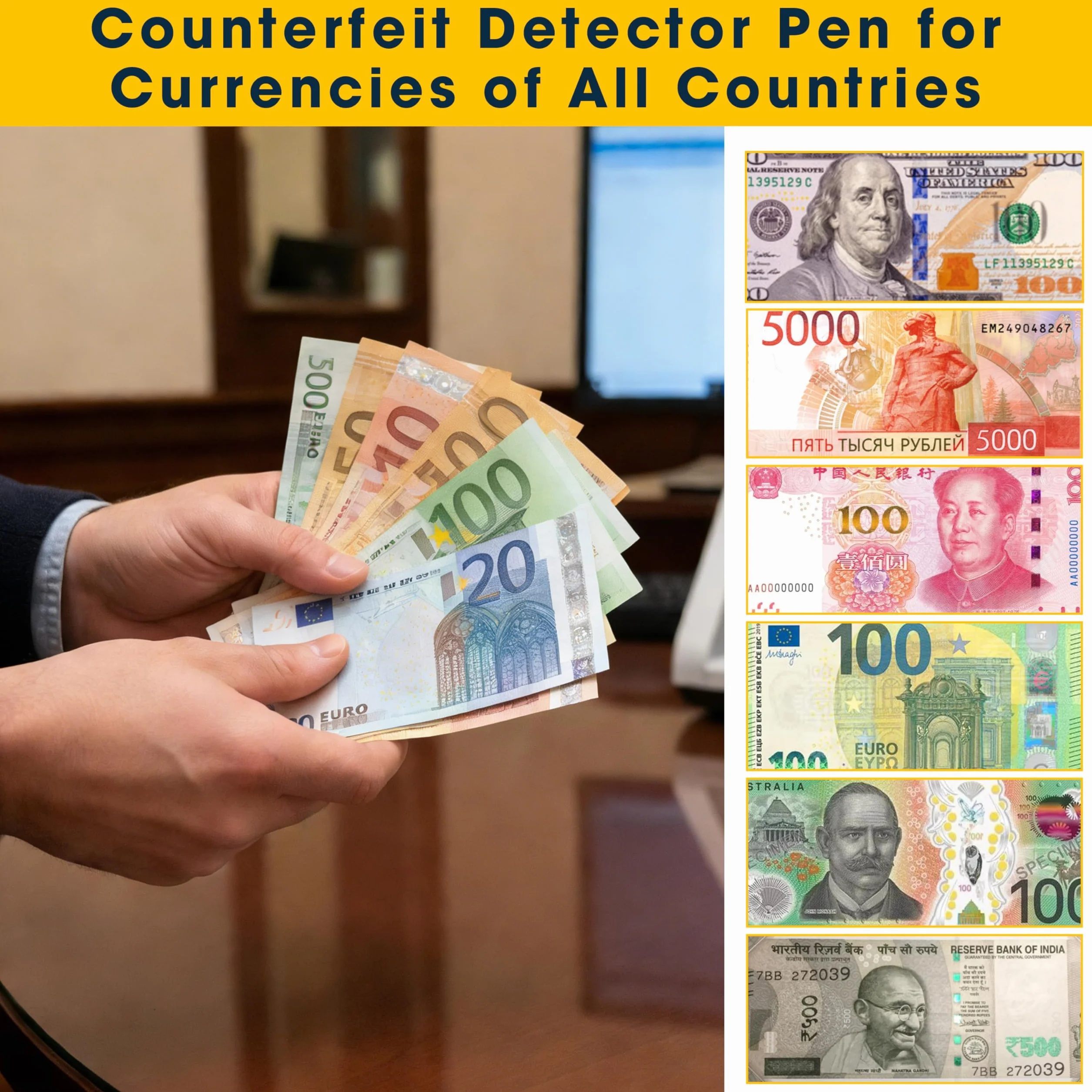 4 sztuki w zestawie są to długopisy do fałszywych banknotów, w tym markery do fałszywych banknotów i identyfikatorów banknotów, które służą do śledzenia fałszywych dolarów amerykańskich, euro (4