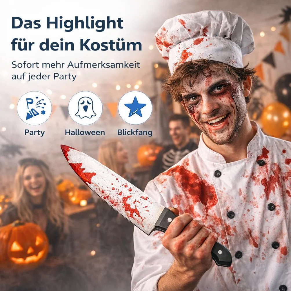 Fałszywy nóż ok. 34 cm akcesoria z krwią - na Halloween i karnawał - łudząco prawdziwy kostium z horroru