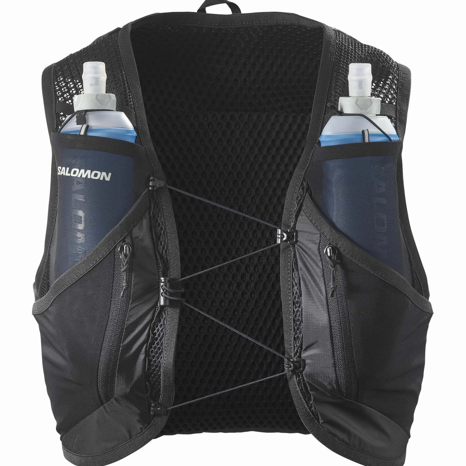 Salomon Active Skin 12 Unisex kamizelka do biegania szlak turystyczny z butelkami w zestawie, 12 l, łatwe nawodnienie, precyzyjne dopasowanie i zoptymalizowane przechowywanie, czarna, S