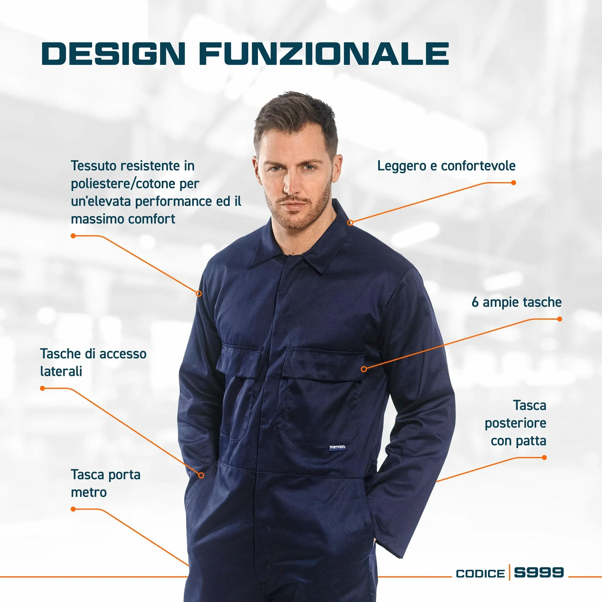 Portwest S999 Kombinezon Euro Work, Granatowy, Dlugo, Rozmiar XL