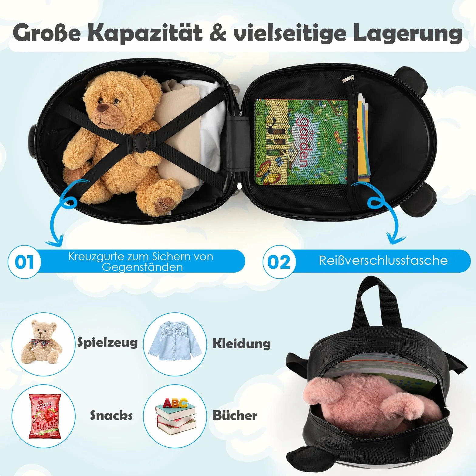 GOPLUS 2-częściowy zestaw walizek dla dzieci z plecakiem na ramiona, walizka podróżna dla dzieci, walizka na kółkach dla dzieci, dziecięca torba podróżna, Panda, 30 x 21 x 40 cm