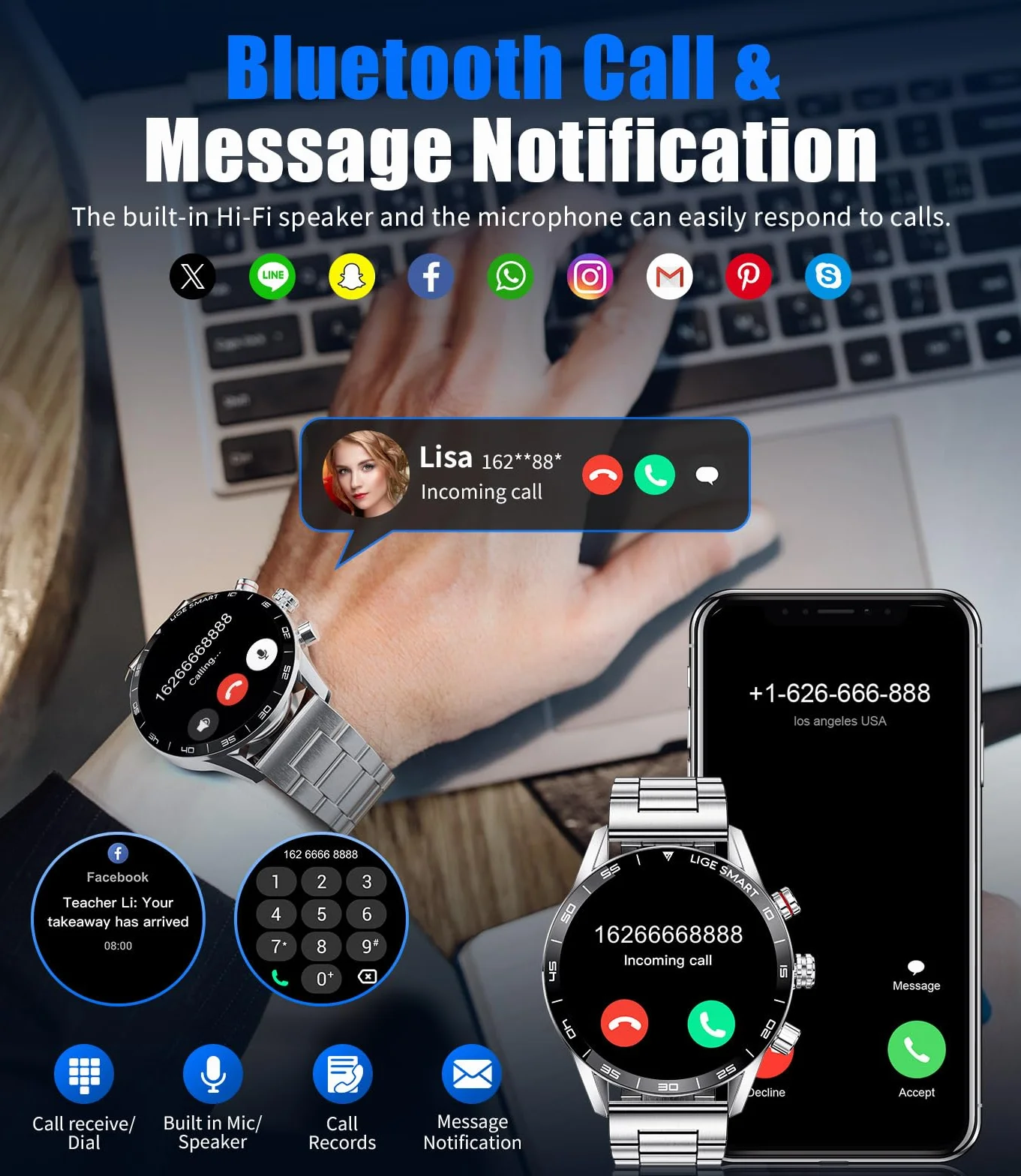 LIGE Smartwatch męski 1,43 cala z wyświetlaczem AMOLED, smartwatch z funkcją telefonu i wspomaganiem głosu, pulsometrem SpO2, 124 trybami sportowymi, zegarek fitness Smart Watch do systemu Android iOS