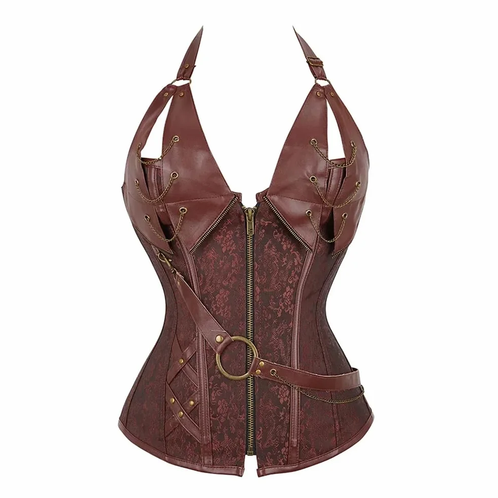 Niiyyjj Damski gorset z ćwiekami ze sztucznej skóry, gorset z łańcuszkami, steampunk, kamizelka modelująca talię, Czerwony, 6XL