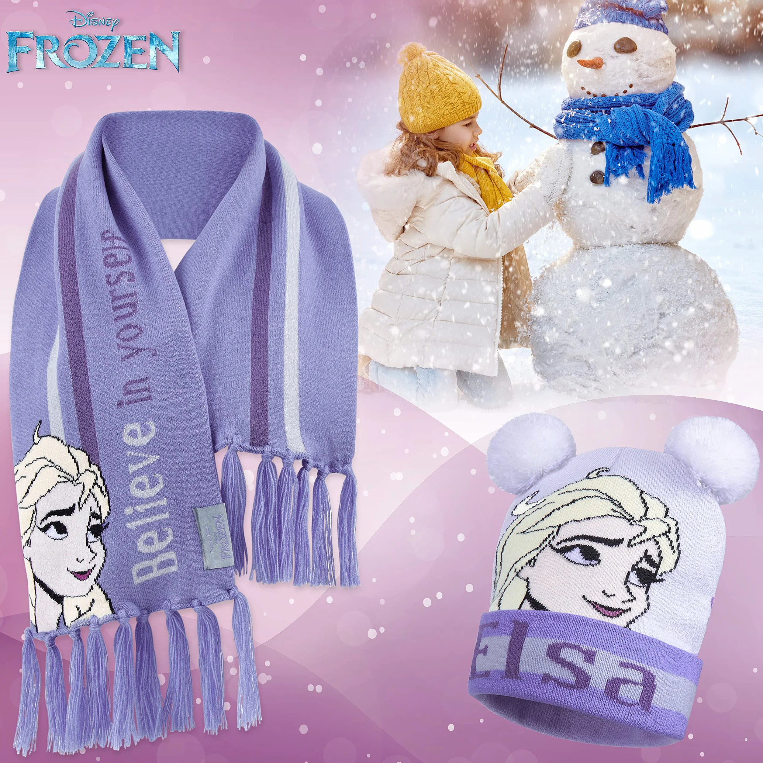 Disney Czapka beanie, szalik i rękawiczki, zestaw dla dzieci, Frozen Gifts dla dziewcząt, Fioletowy, Rozmiar uniwersalny
