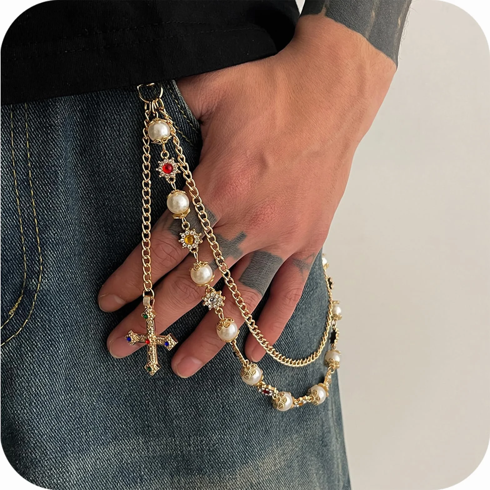 Wielowarstwowy łańcuszek do spodni z koralikami i wisiorkiem w kształcie krzyża, modny dla kobiet i mężczyzn, Punk Y2K Wallet Chain Gold do dżinsów, spodni, kieszeni, sznurka, torebki, portfela