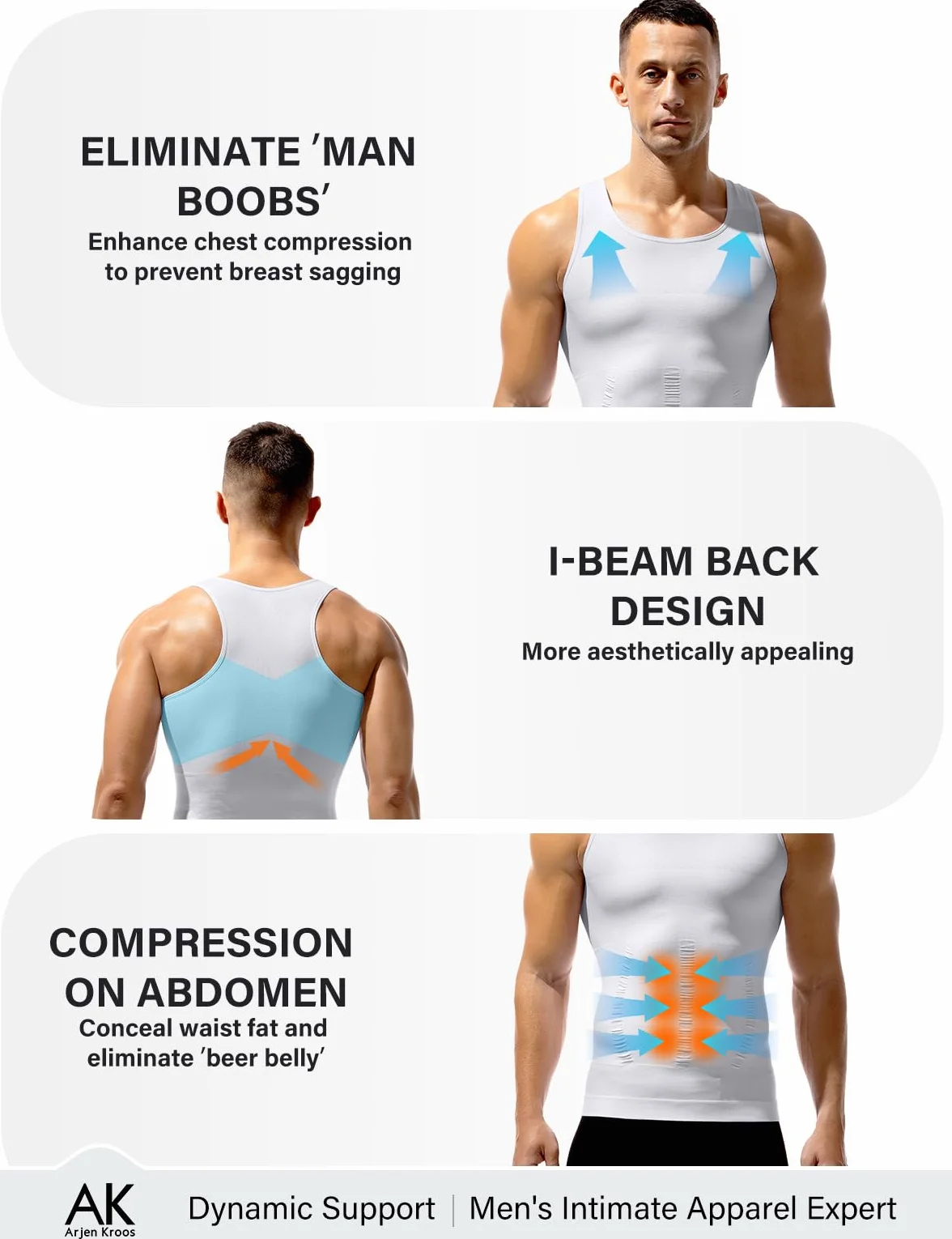 Arjen Kroos Shapewear męska koszulka kompresyjna, elastyczna, wyszczuplająca brzuch, podkoszulek funkcyjny, bez rękawów, A2-biały, XL