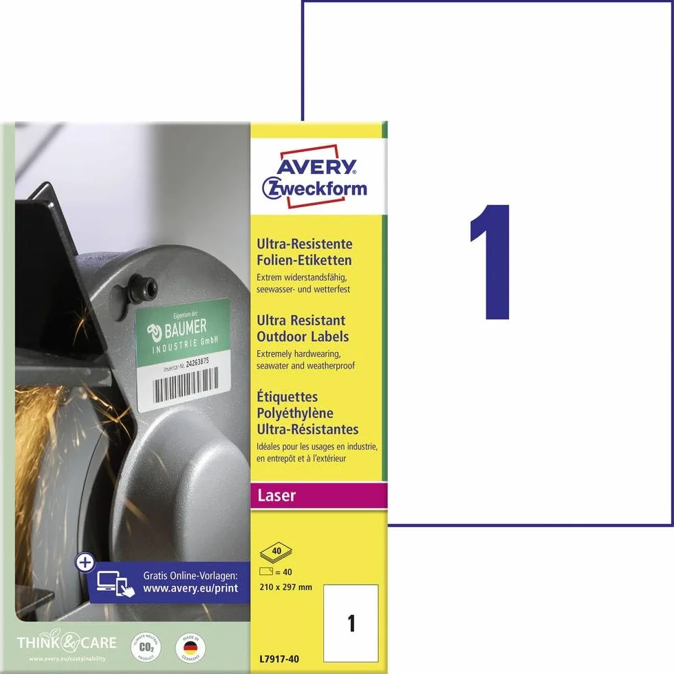 AVERY Zweckform L7917-40 wytrzymałe etykiety foliowe (210 x 297 mm na DIN A4, bardzo mocno samoprzylepne, do zadrukowania na zewnątrz folia samoprzylepna do użytku na zewnątrz w trudnych warunkach), 40 naklejek na 40 arkuszy, kolor biały