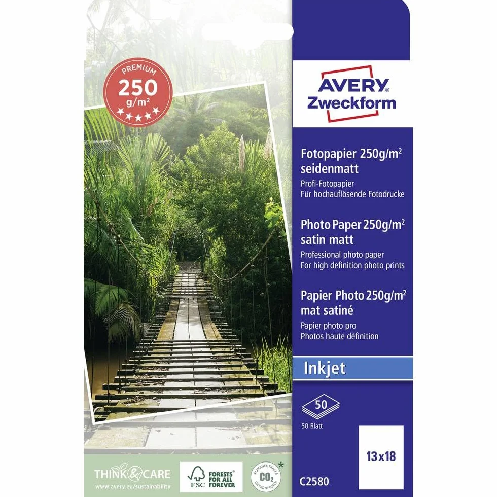 Avery Zweckform Art. C2580 Premium Inkjet papier fotograficzny (50 arkuszy, 250 g/m², 13 x 18 cm, jedwabiście matowe kartki fotograficzne, jednostronnie powlekane, natychmiast suche i odporne na