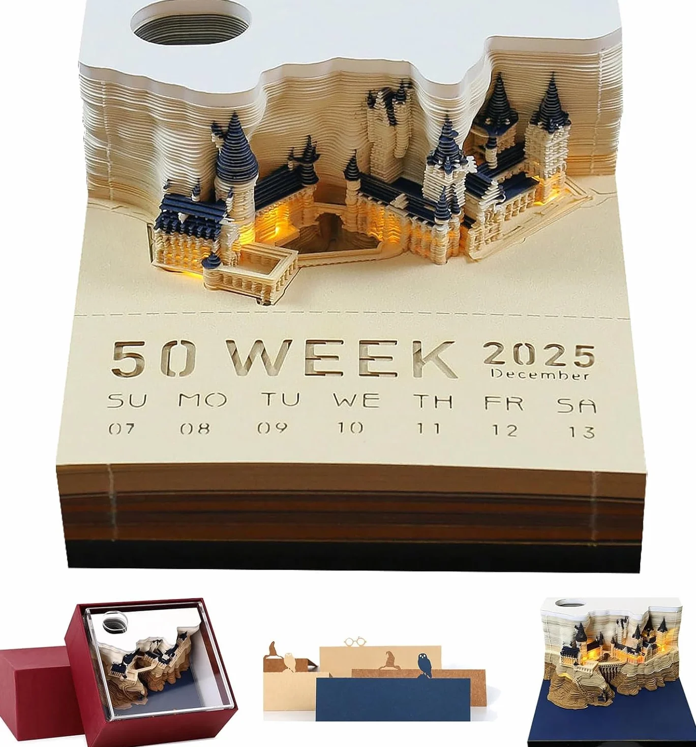 Kalendarz 3D 2025, 3D magiczny zamek tygodniowy kalendarz ze światłem i podstawą, czas na biurko kalendarz notatki DIY dekoracja prezent