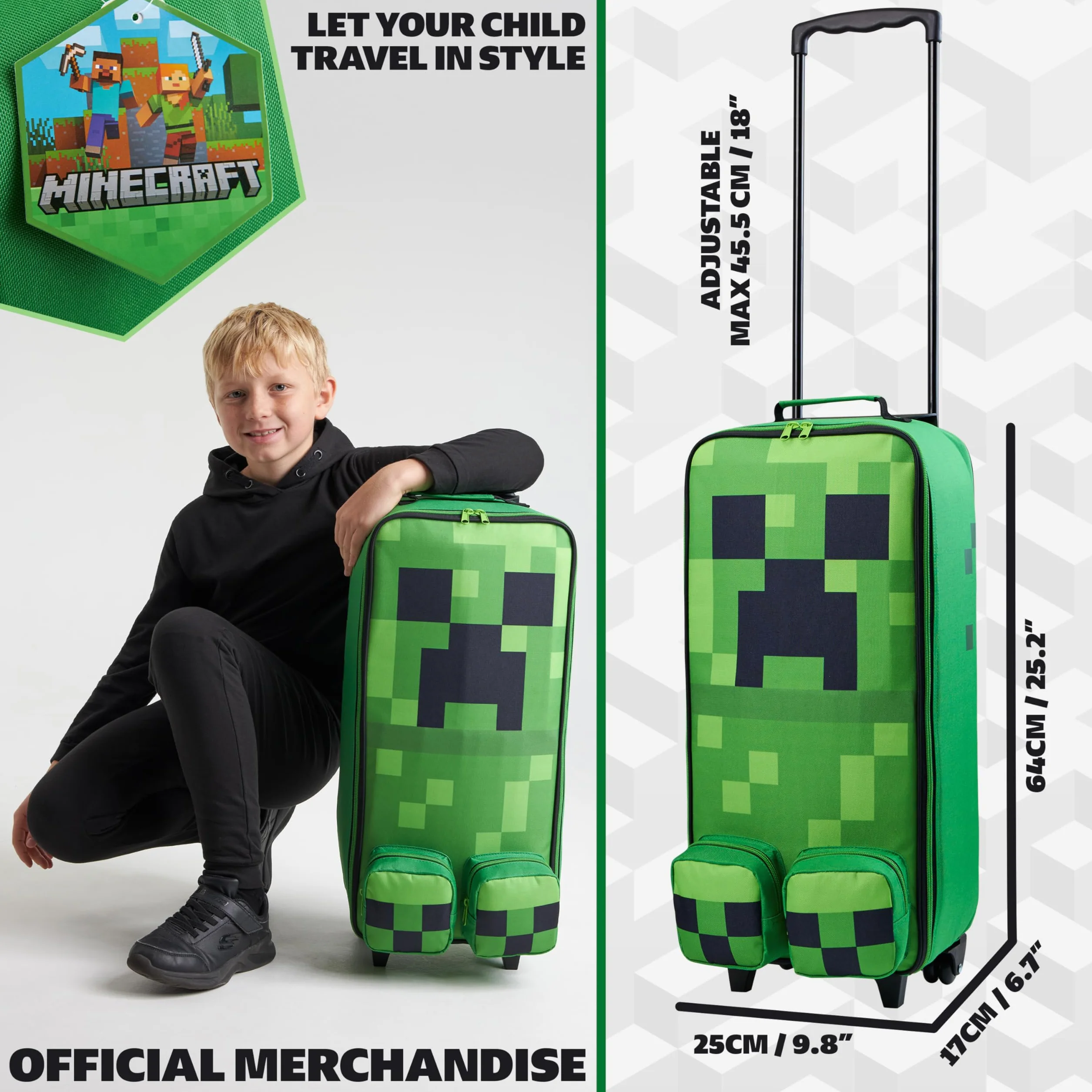 Minecraft Składana torba na kółkach dla dzieci, 63,5 cm, 17 l, bagaż z kółkami, Creeper, niezbędnik podróżny dla graczy, prezenty dla dzieci