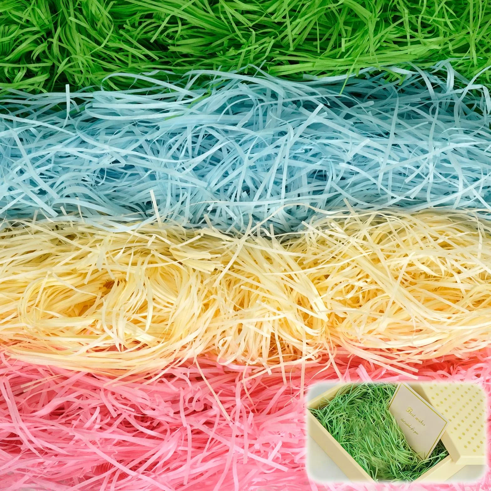 Materiał wypełniający 400 g, prezent: 4 kolory rozdrobnionego papieru, miękki materiał wypełniający do paczek i koszy prezentowych z 2 kartkami z życzeniami | dekoracja na prezent festiwalowy