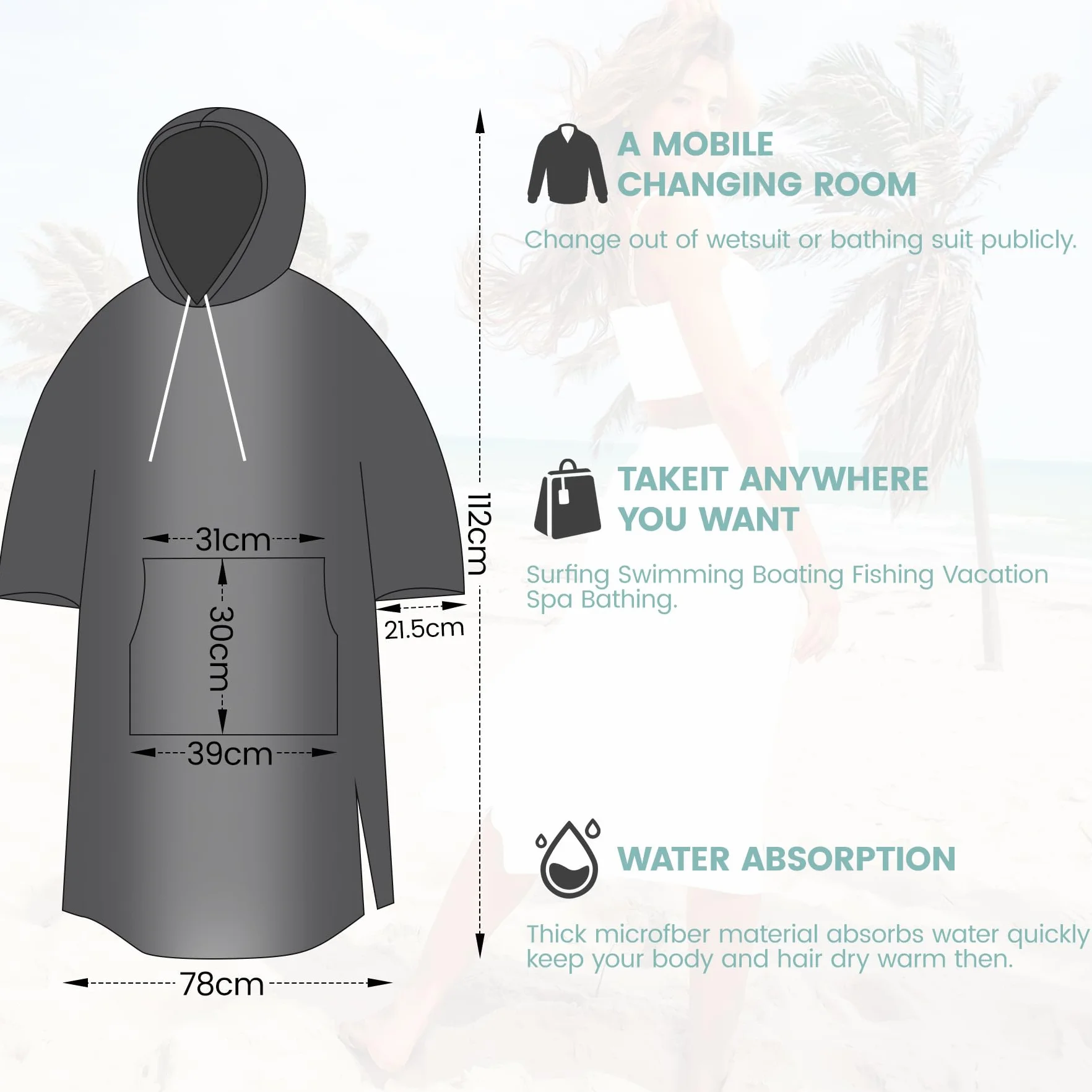 Ponczo surferskie unisex z ręcznikowej bawełnianej tkaniny frotte, szlafrok do przebierania, do pływania, na plażę, rozmiary dla dorosłych