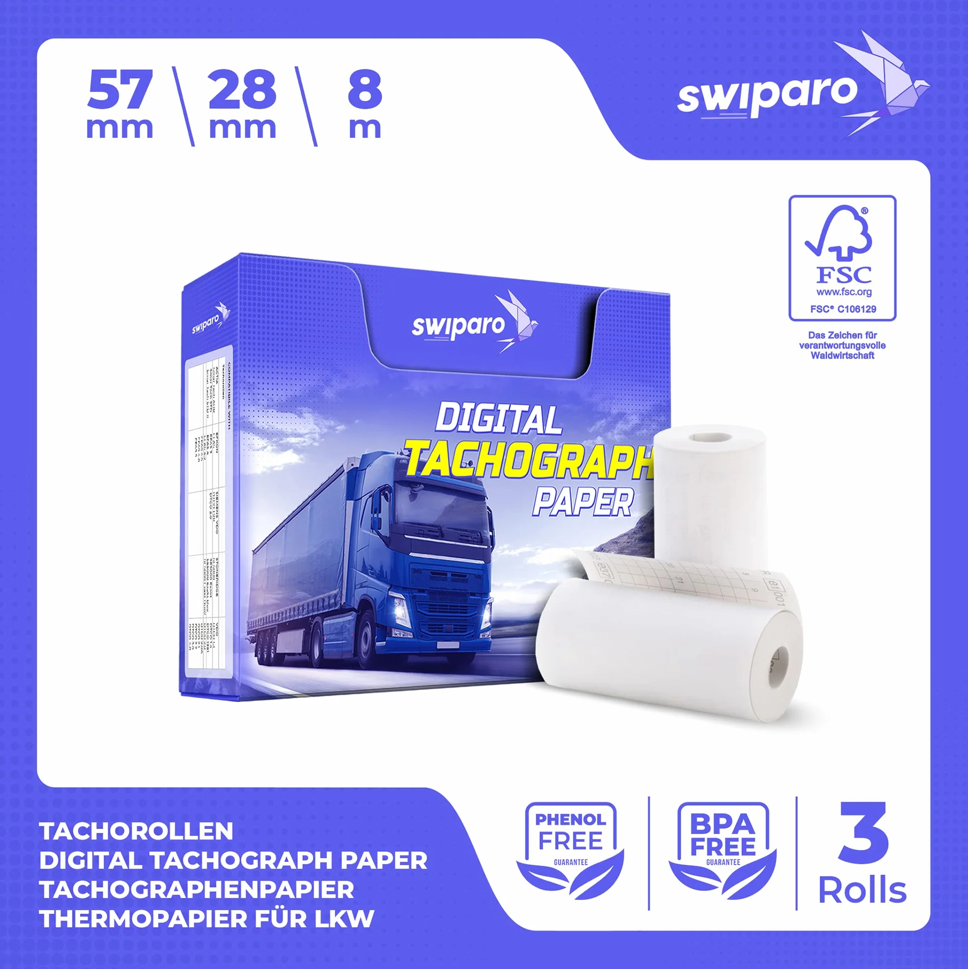 Certyfikowane rolki papieru do tachografów - papier termiczny do wszystkich cyfrowych tachografów ciężarowych - 57/8 mm (3 sztuki)