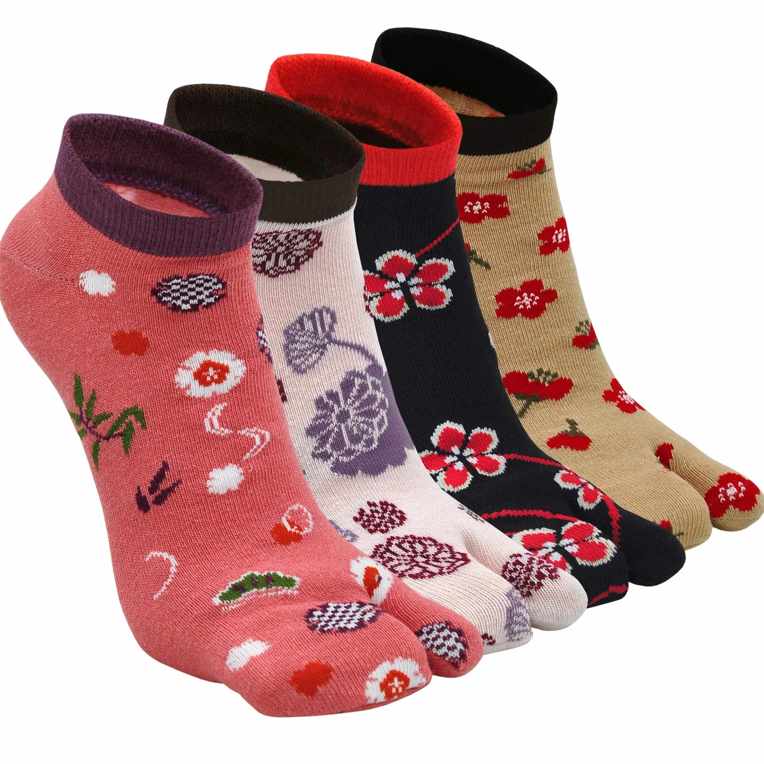 Tabi skarpety damskie, japonki, bawełniane, krótkie skarpety z dwoma palcami, styl japoński, kolorowe, zabawne wzory sakuri, rozmiar 35-41, 4/5 par, 4 pary akura-A,
