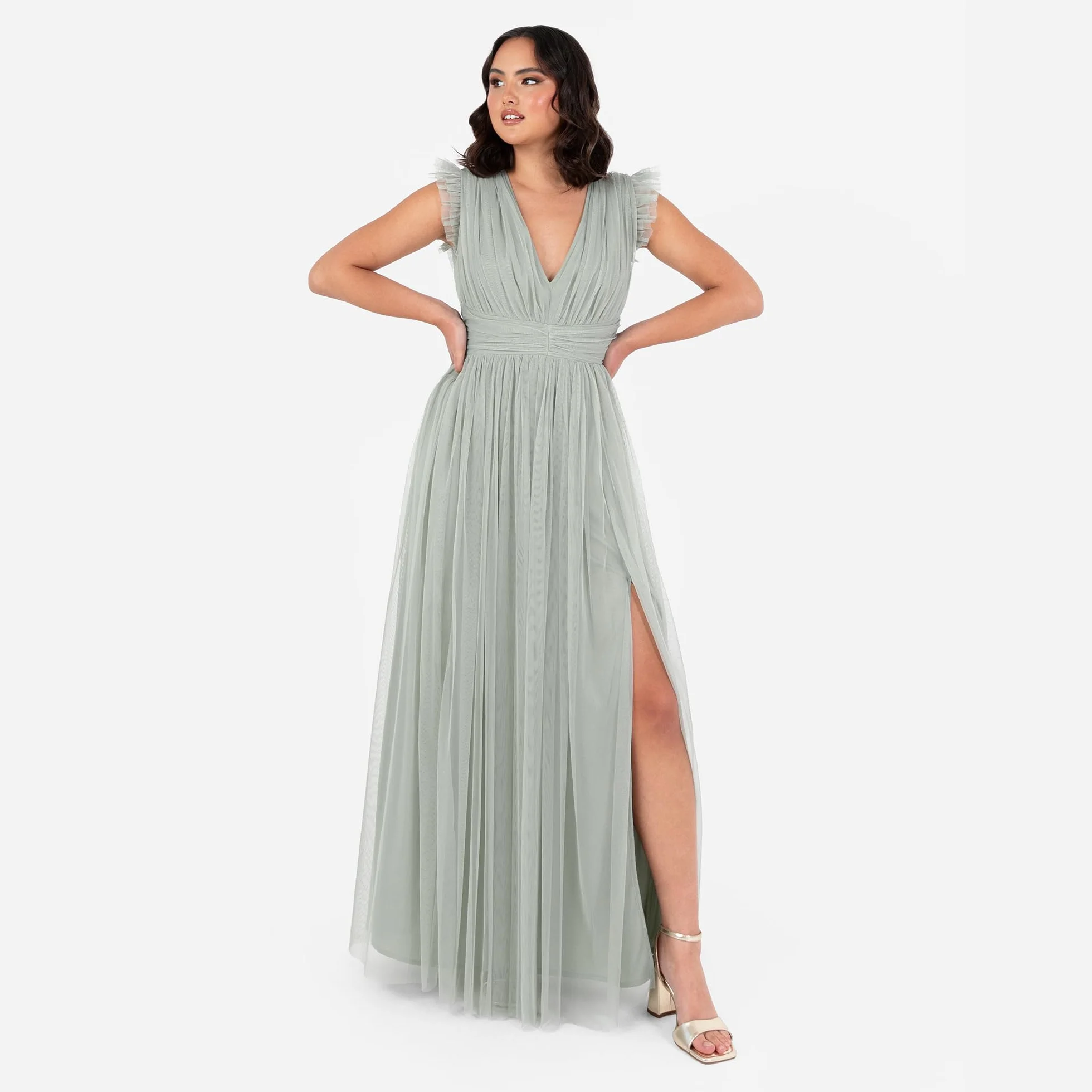 Anaya with Love Damska sukienka maxi damska z dekoltem w serek krótki rękaw split tiul linia A dla gości weselnych wieczór panieński okazja Ball Gown Kobiety, Mrożona zieleń, 52