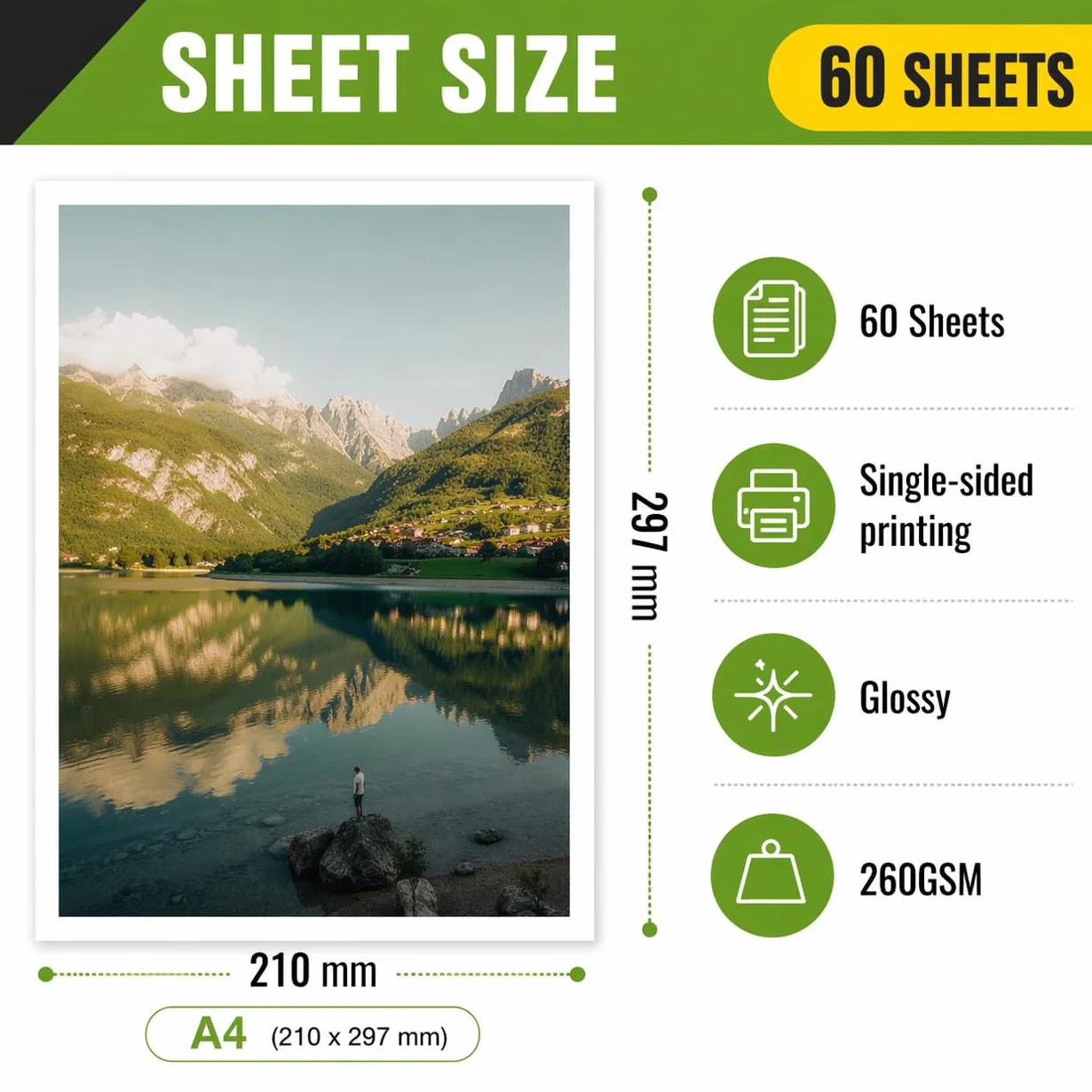 Kamo Błyszczący papier fotograficzny A4, 260 g/m², 60 arkuszy – idealny do zdjęć, plakatów i DIY, kompatybilny z drukarkami atramentowymi