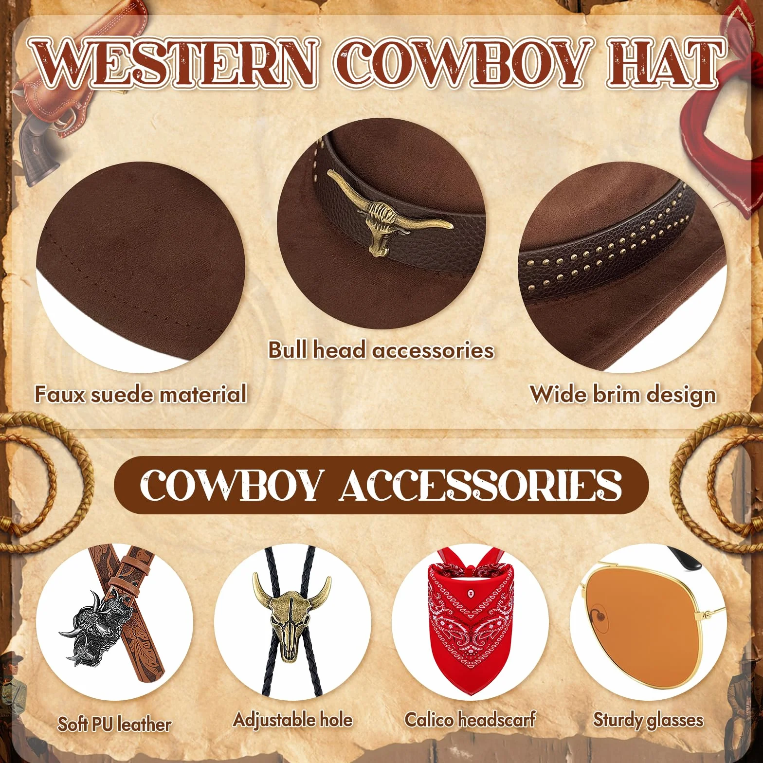 6-częściowy zestaw kostiumu kowbojskiego dla mężczyzn, kostium kowbojski, zestaw akcesoriów z kapeluszem, kamizelka z frędzlami, paisley, bandana, okulary, naszyjnik, dla dorosłych, na karnawał, na