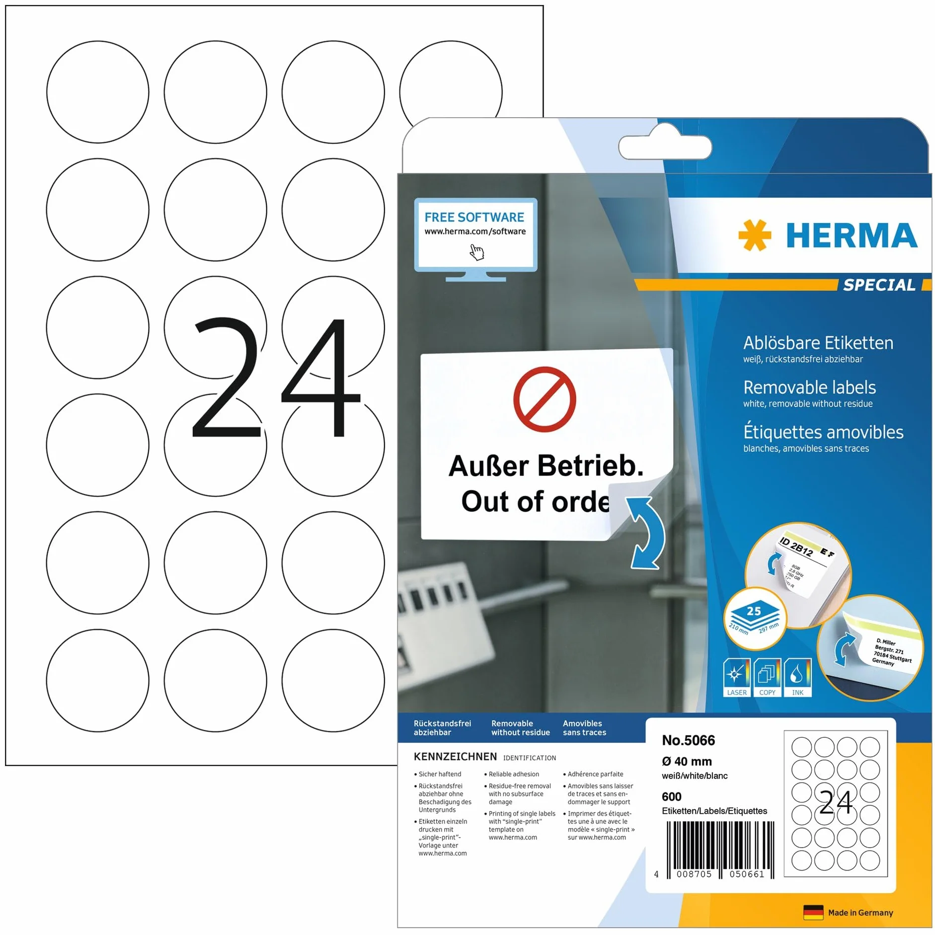 HERMA Samoprzylepne, zdejmowane okrągłe etykiety, 24 etykiety na arkusz A4, 25 arkuszy, Ø 40 mm, 600 etykiet, puste wielofunkcyjne etykiety, samoprzylepne kropki do drukarek laserowych i