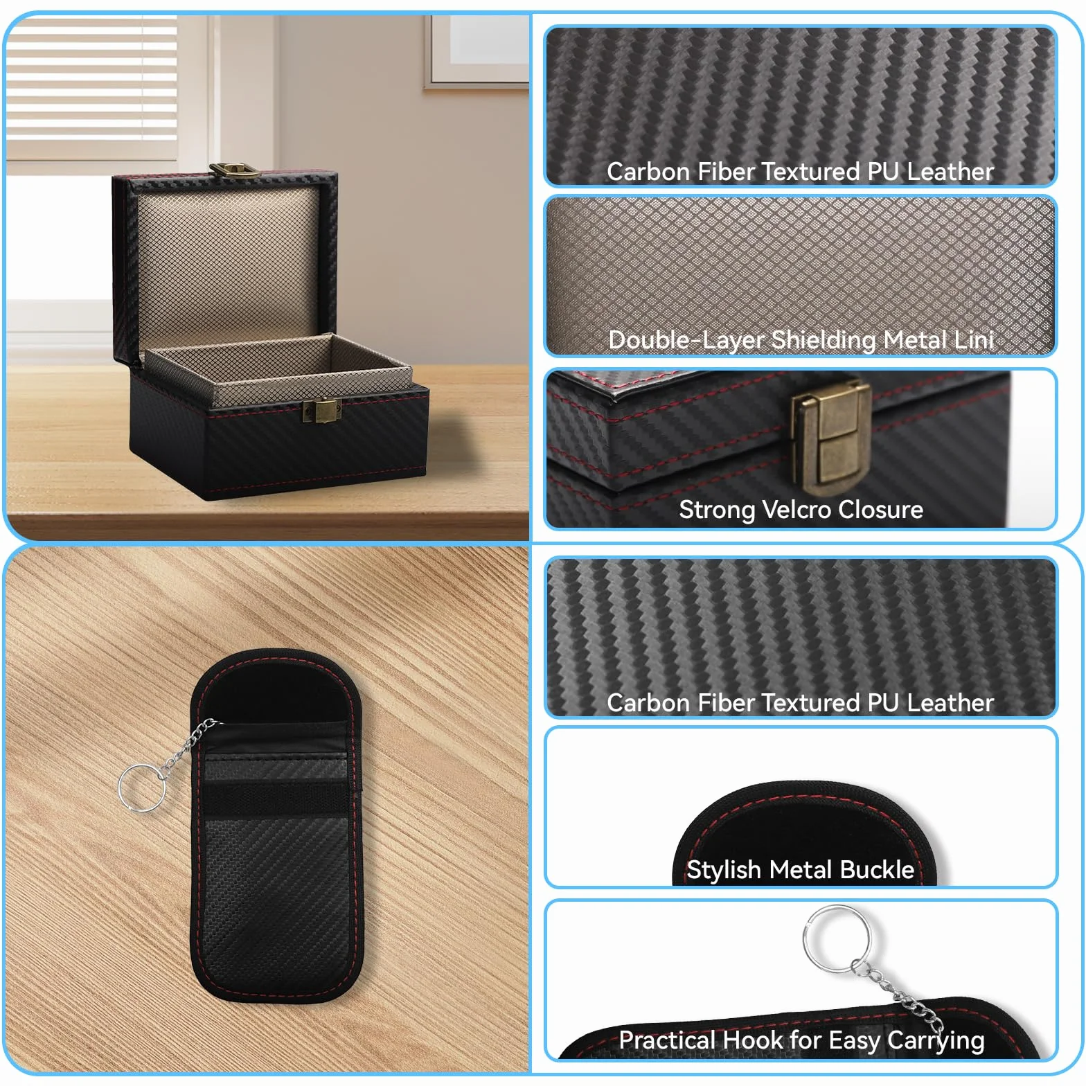 Faraday Box Keyless Go – Ochronne Etui na Kluczyki z 2 Torbami Signal-Blocker – Blokada RFID Ochrona przed kradzieżą i skanowaniem – Kompaktowa skrzynka 11,5×9,1×6,3 cm