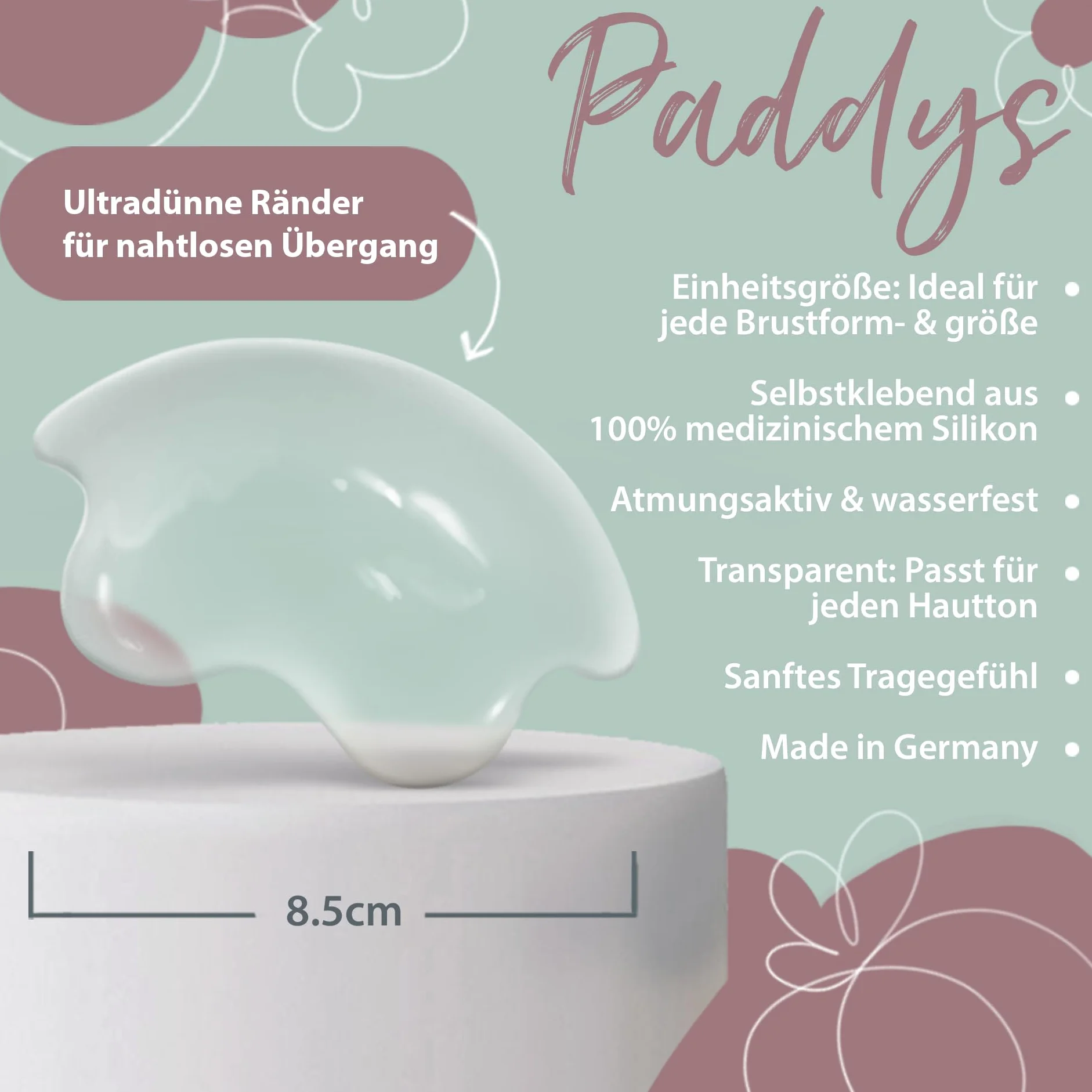 Theraline Paddys, przezroczyste podkładki na sutki, wielokrotnego użytku, Made in Germany, do każdego odcienia skóry, oddychające, w 100% z silikonu medycznego, do użytku na dzień i w nocy, 9 cm,