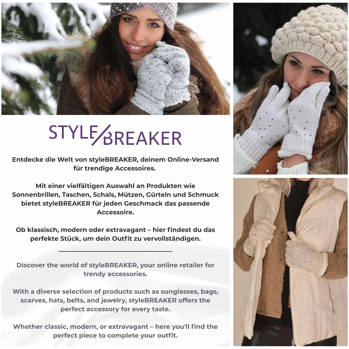 styleBREAKER Damskie ciepłe zimowe rękawiczki z dzianiny, rękawiczki z wzorem w romby, polar termiczny, rękawiczki z dzianiny 09010031